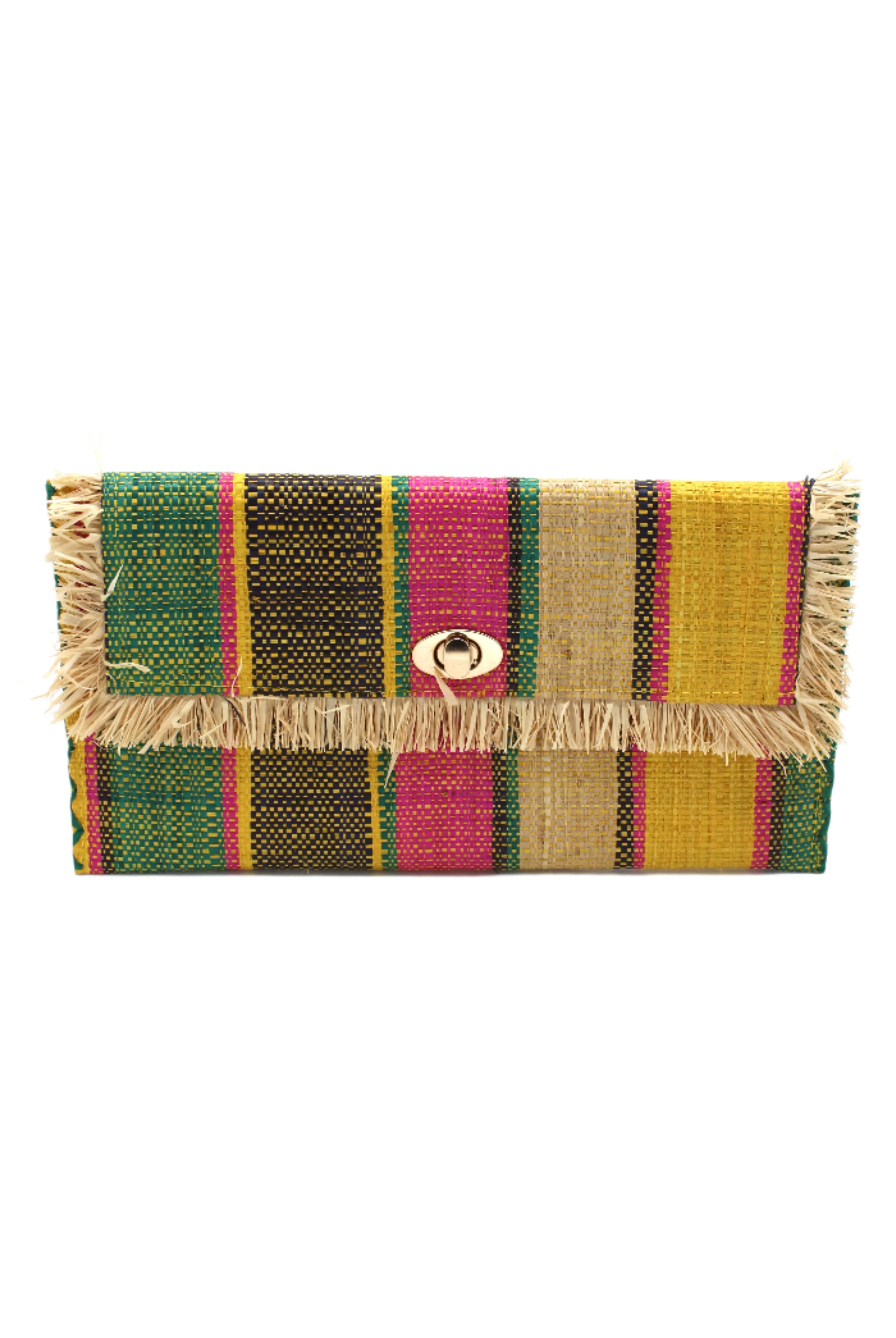 Sophie Carmalita Swirl Multicolor Stripes Straw Clutch handmade loomed raffia purse handbag in muti-width vertical bands of teal blue/green, fuchsia pink, yellow, black, and natural straw color with matching cross stitch edging and natural straw color raw fringe edge envelope shaped bag - Shebobo