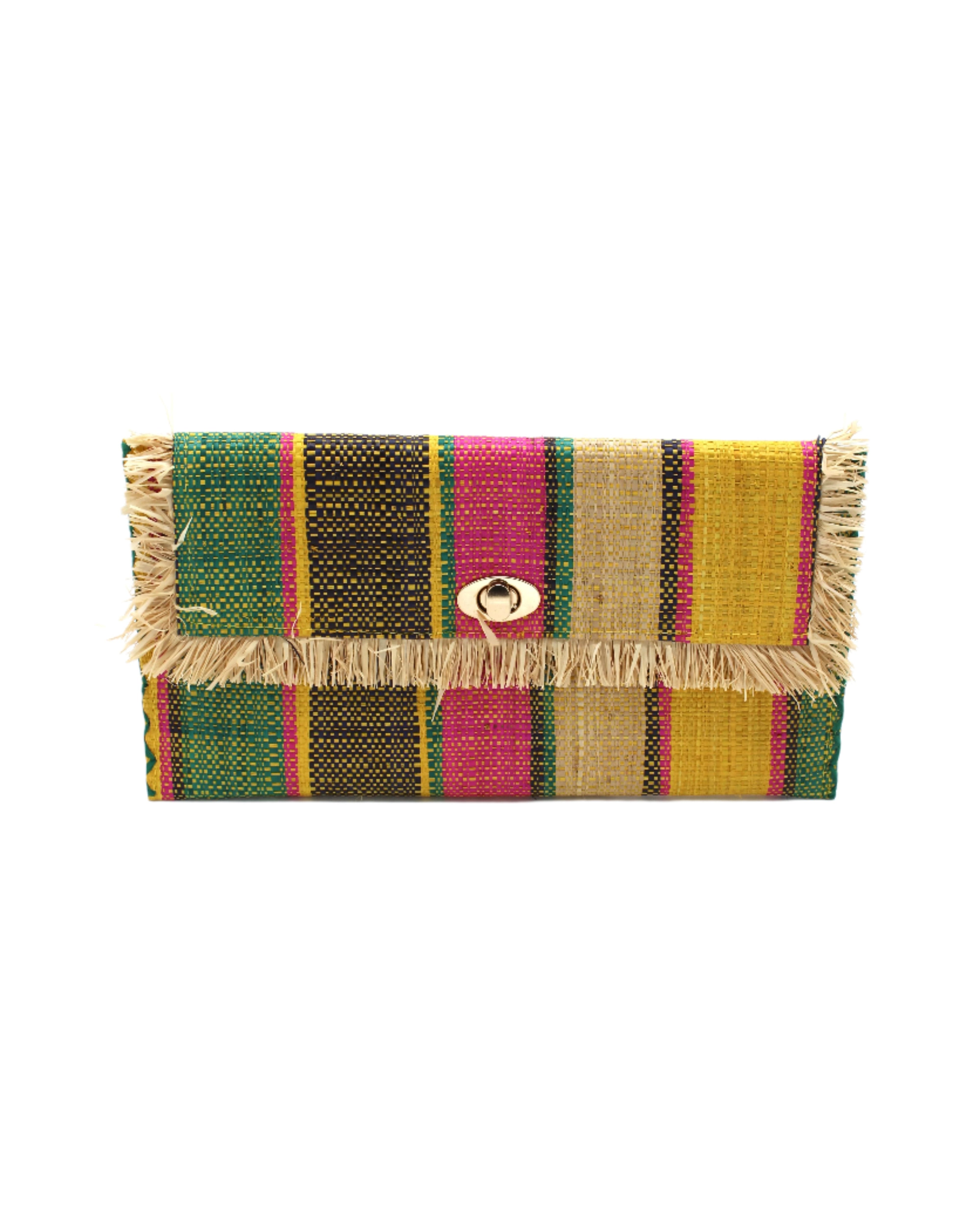 Sophie Carmalita Swirl Multicolor Stripes Straw Clutch handmade loomed raffia purse handbag in muti-width vertical bands of teal blue/green, fuchsia pink, yellow, black, and natural straw color with matching cross stitch edging and natural straw color raw fringe edge envelope shaped bag - Shebobo