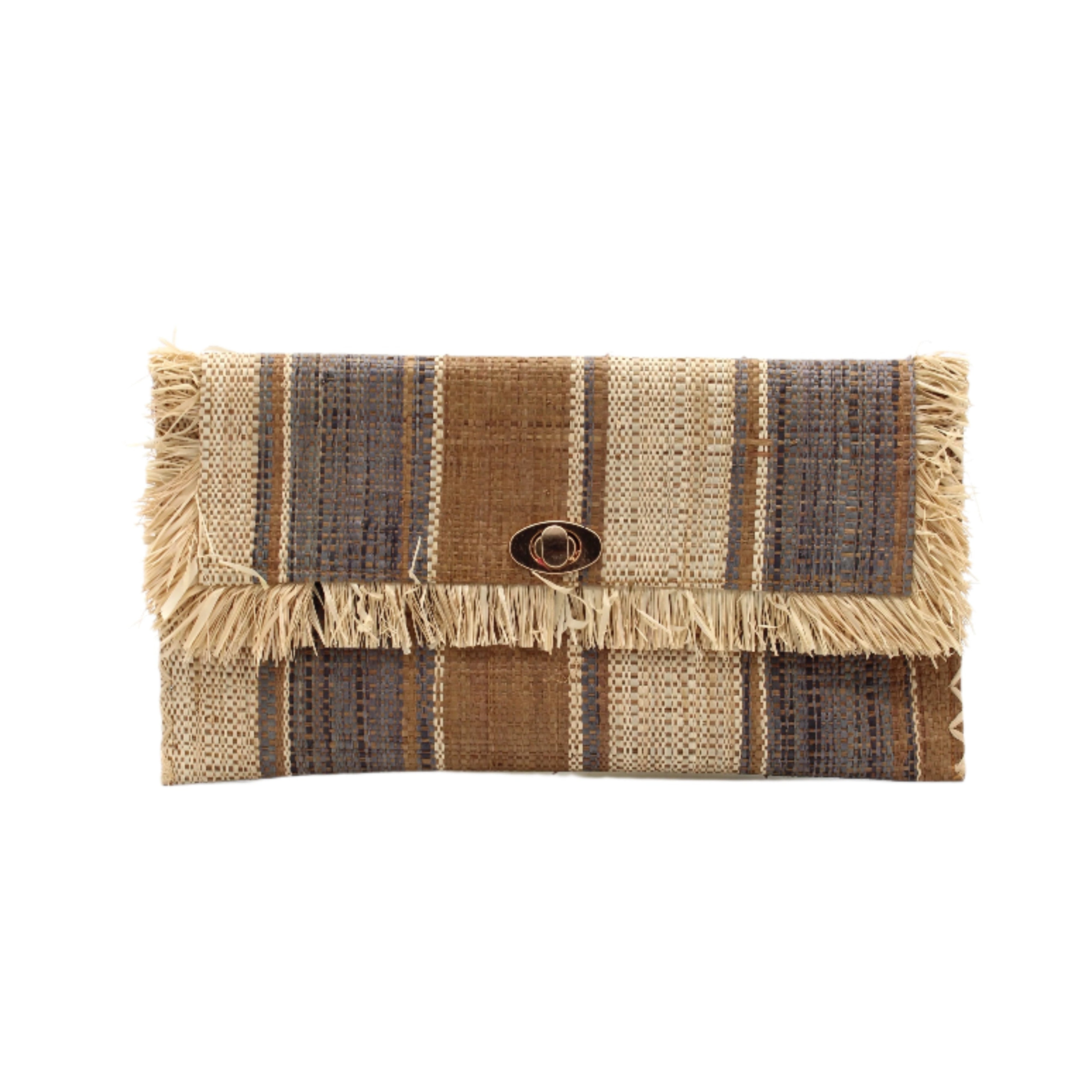 Sophie Cinnamon Swirl Multicolor Stripes Straw Clutch handmade loomed raffia purse handbag in muti-width vertical bands of grey, natural straw color, and cinnamon/tobacco/dark/brown with matching cross stitch edging and natural straw color raw fringe edge envelope shaped bag - Shebobo