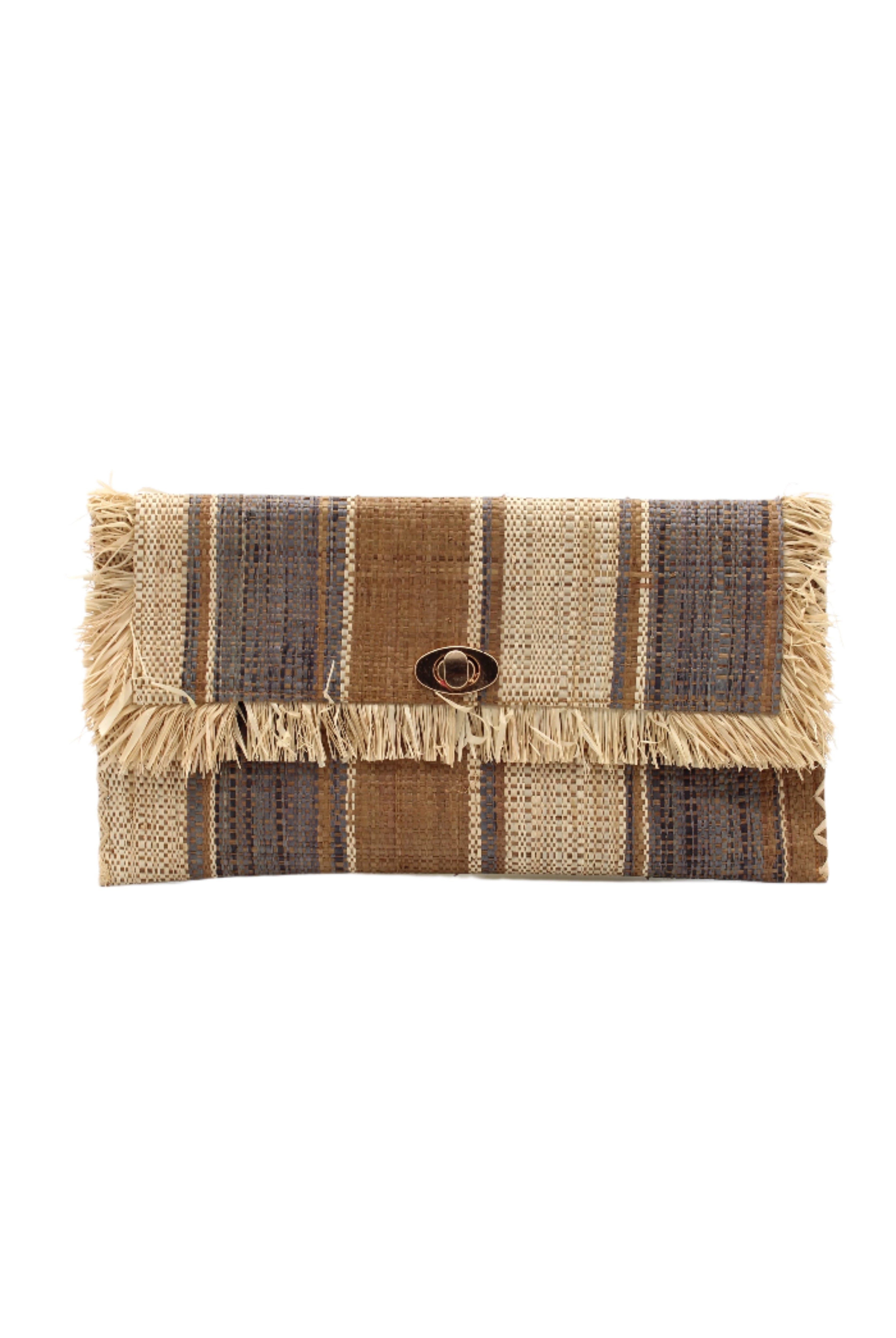 Sophie Cinnamon Swirl Multicolor Stripes Straw Clutch handmade loomed raffia purse handbag in muti-width vertical bands of grey, natural straw color, and cinnamon/tobacco/dark/brown with matching cross stitch edging and natural straw color raw fringe edge envelope shaped bag - Shebobo