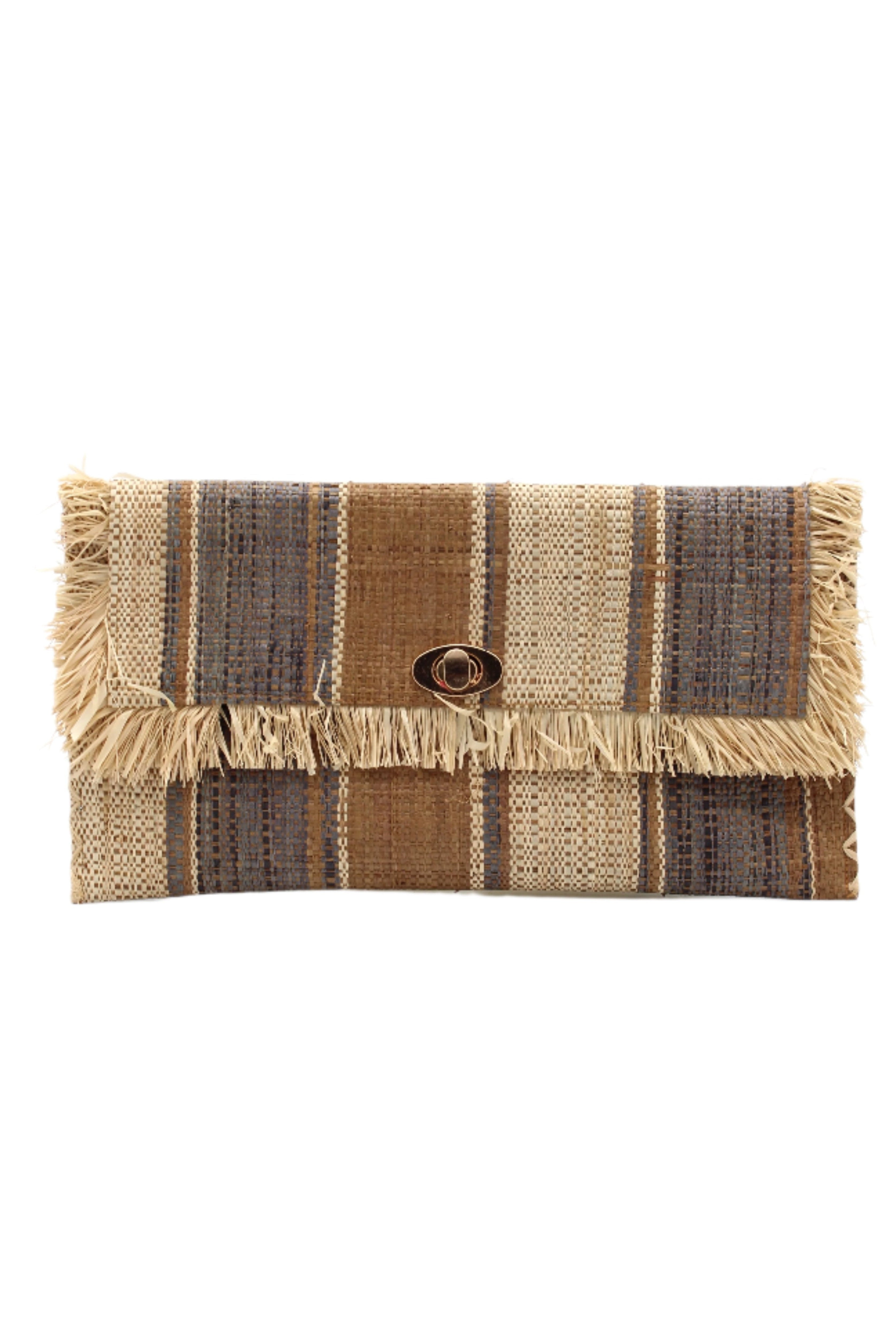 Sophie Cinnamon Swirl Multicolor Stripes Straw Clutch handmade loomed raffia purse handbag in muti-width vertical bands of grey, natural straw color, and cinnamon/tobacco/dark/brown with matching cross stitch edging and natural straw color raw fringe edge envelope shaped bag - Shebobo