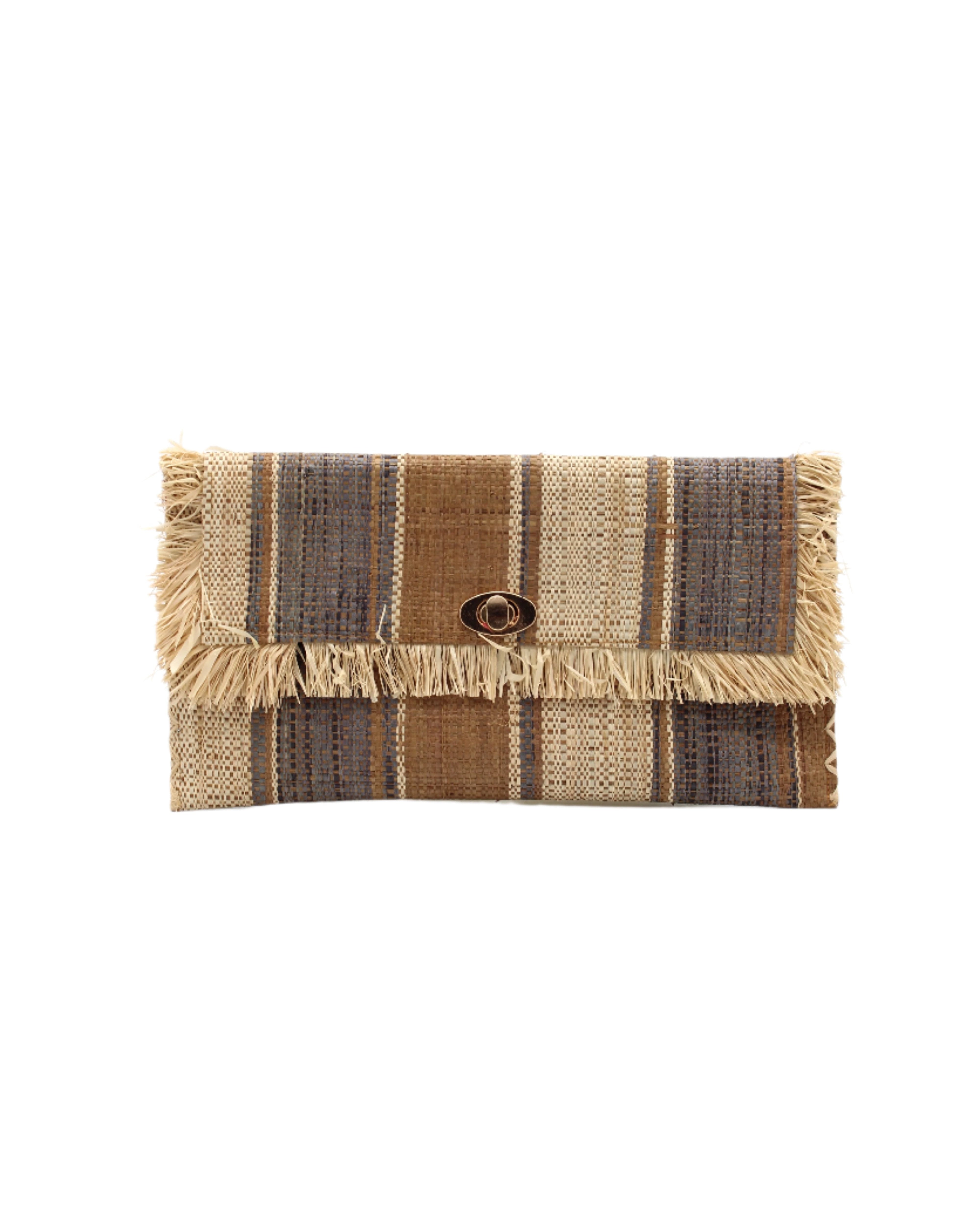 Sophie Cinnamon Swirl Multicolor Stripes Straw Clutch handmade loomed raffia purse handbag in muti-width vertical bands of grey, natural straw color, and cinnamon/tobacco/dark/brown with matching cross stitch edging and natural straw color raw fringe edge envelope shaped bag - Shebobo