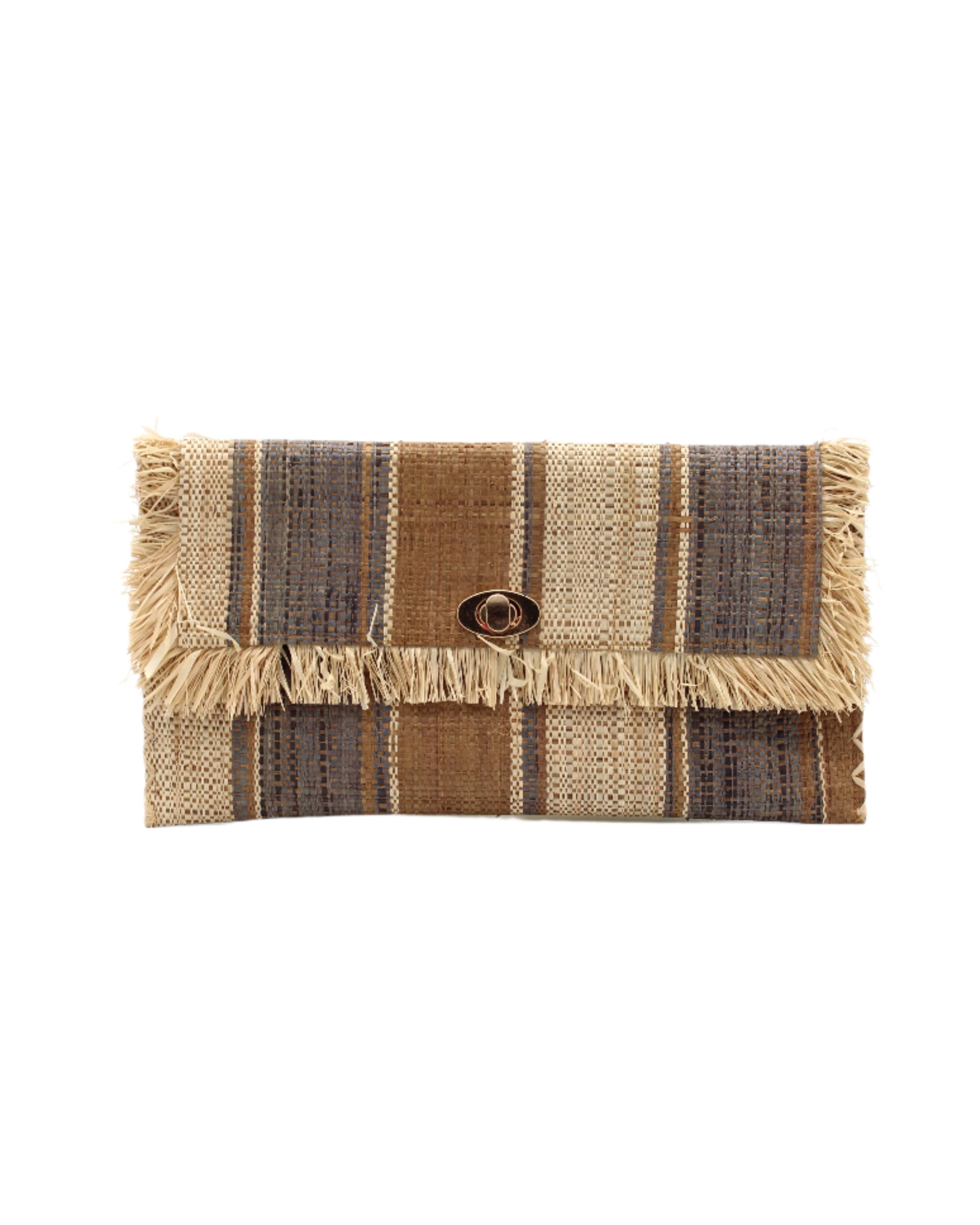 Sophie Cinnamon Swirl Multicolor Stripes Straw Clutch handmade loomed raffia purse handbag in muti-width vertical bands of grey, natural straw color, and cinnamon/tobacco/dark/brown with matching cross stitch edging and natural straw color raw fringe edge envelope shaped bag - Shebobo
