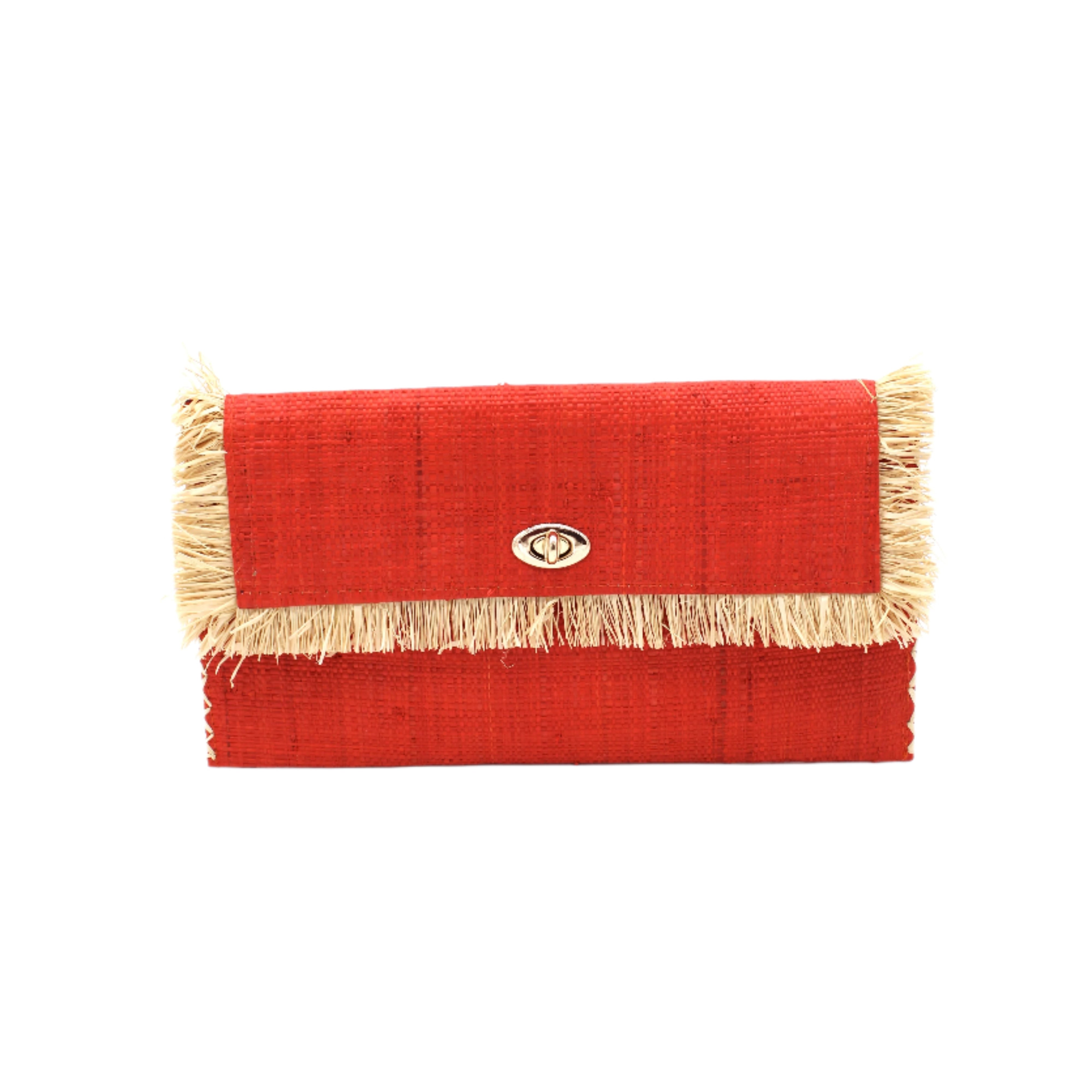 Sophie Coral Straw Clutch with Raw Fringe Edge handmade loomed raffia palm fiber in a solid hue of coral orange/red purse with natural straw color fringe trim edge and matching cross stitch binding handbag - Shebobo