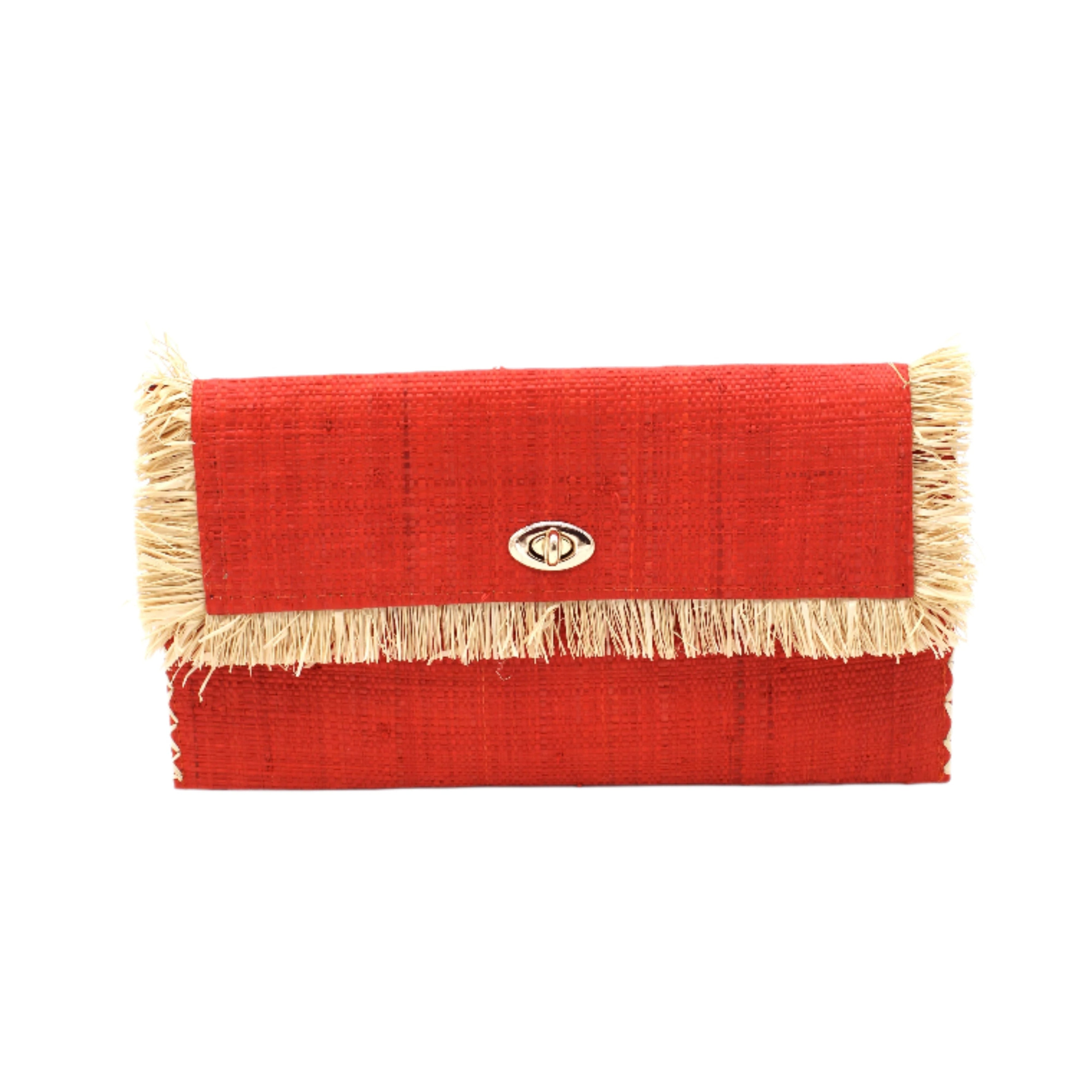 Sophie Coral Straw Clutch with Raw Fringe Edge handmade loomed raffia palm fiber in a solid hue of coral orange/red purse with natural straw color fringe trim edge and matching cross stitch binding handbag - Shebobo