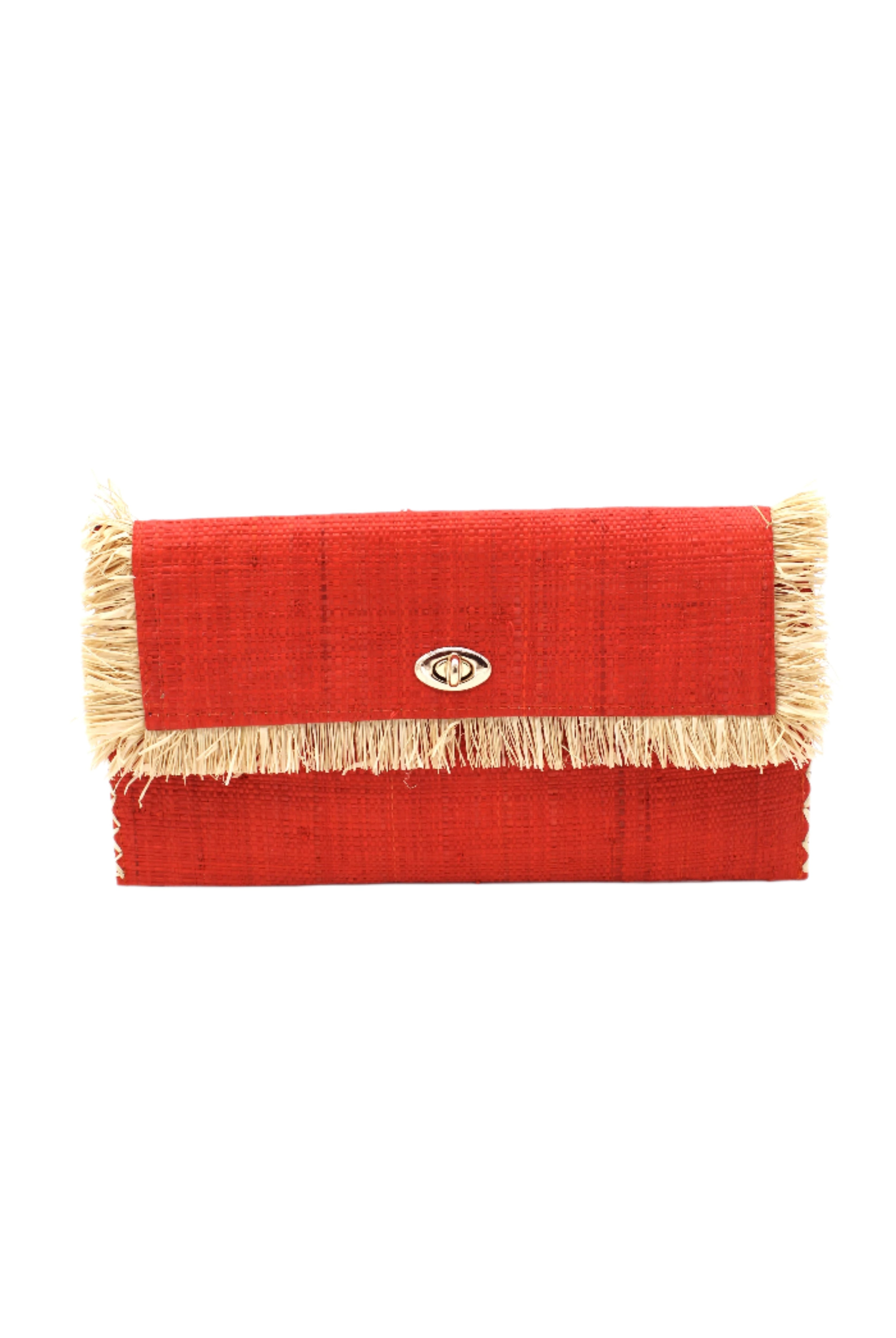 Sophie Coral Straw Clutch with Raw Fringe Edge handmade loomed raffia palm fiber in a solid hue of coral orange/red purse with natural straw color fringe trim edge and matching cross stitch binding handbag - Shebobo