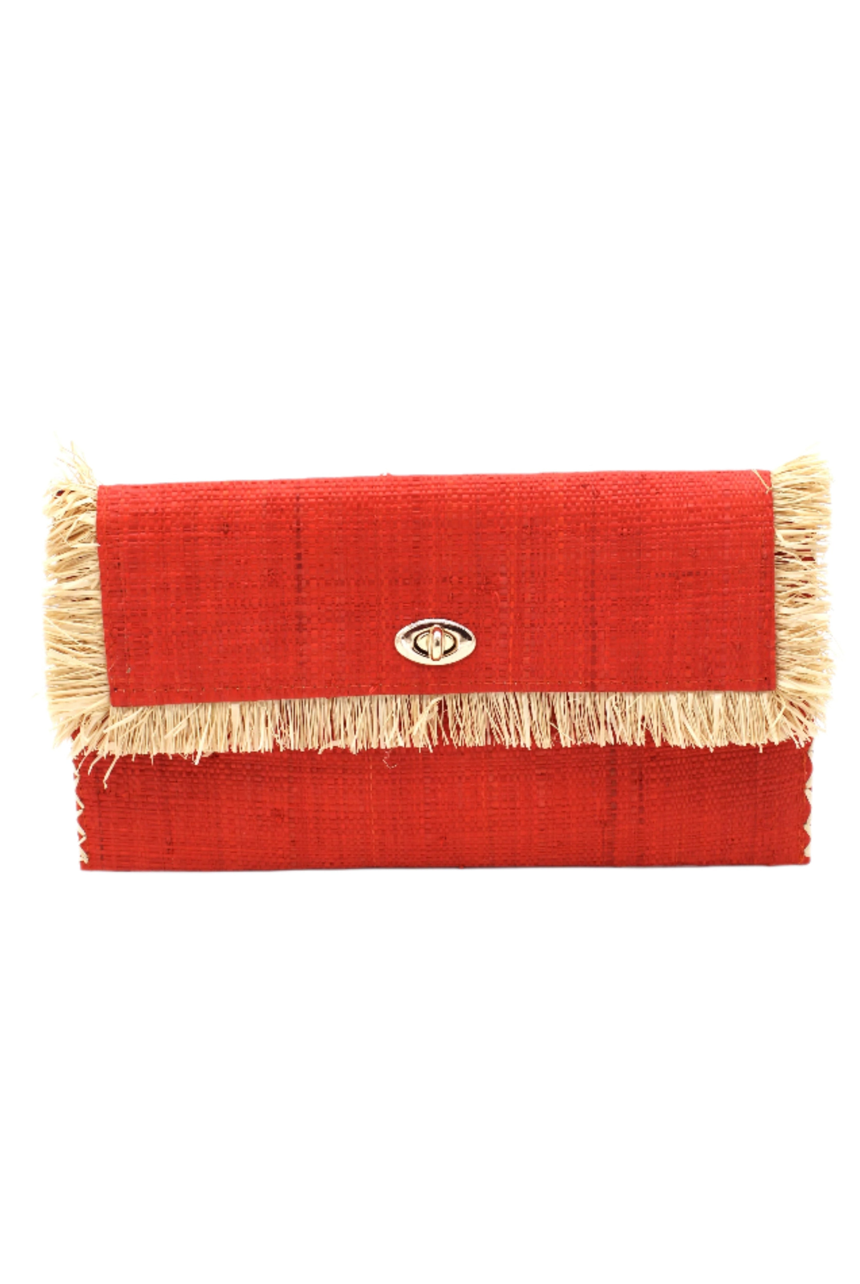 Sophie Coral Straw Clutch with Raw Fringe Edge handmade loomed raffia palm fiber in a solid hue of coral orange/red purse with natural straw color fringe trim edge and matching cross stitch binding handbag - Shebobo