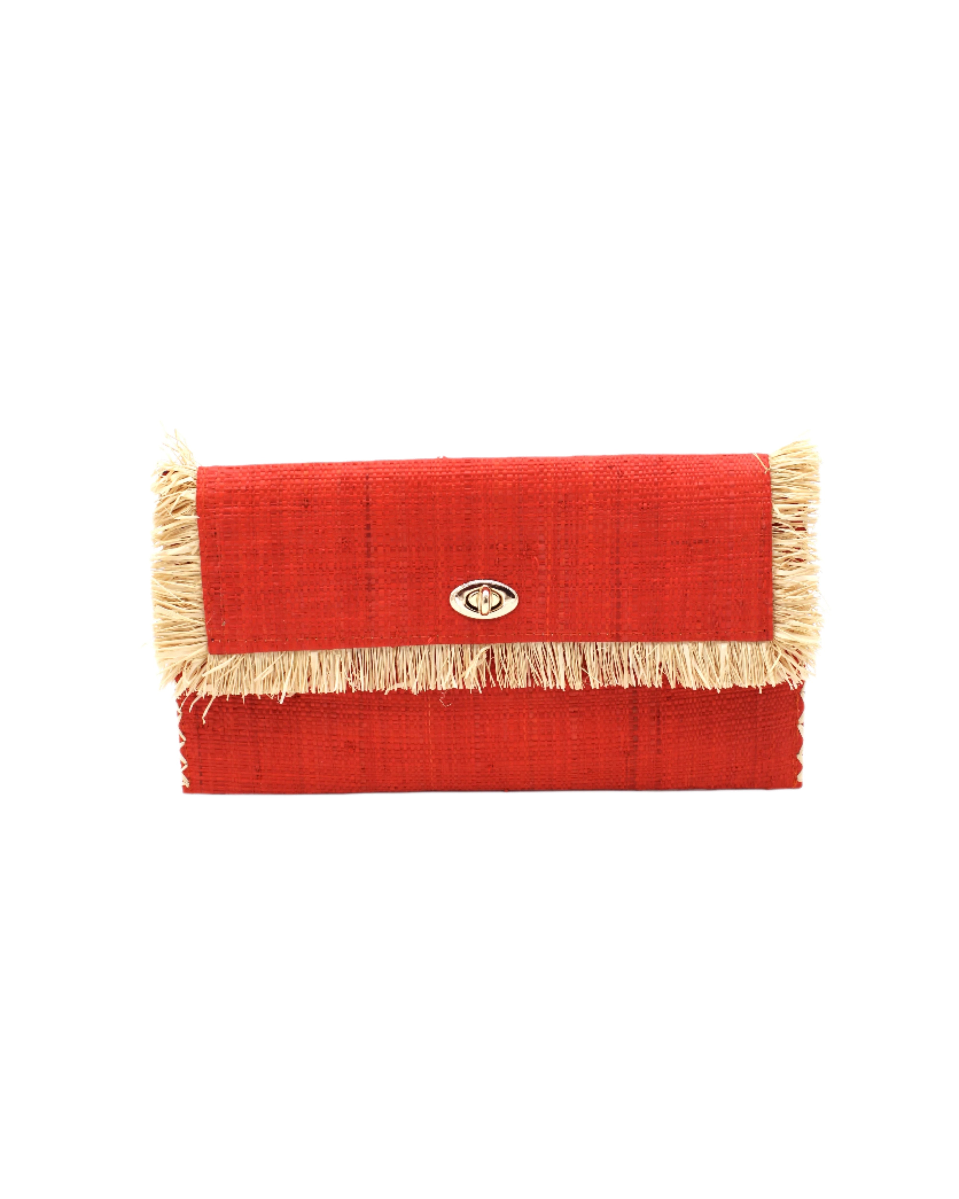 Sophie Coral Straw Clutch with Raw Fringe Edge handmade loomed raffia palm fiber in a solid hue of coral orange/red purse with natural straw color fringe trim edge and matching cross stitch binding handbag - Shebobo