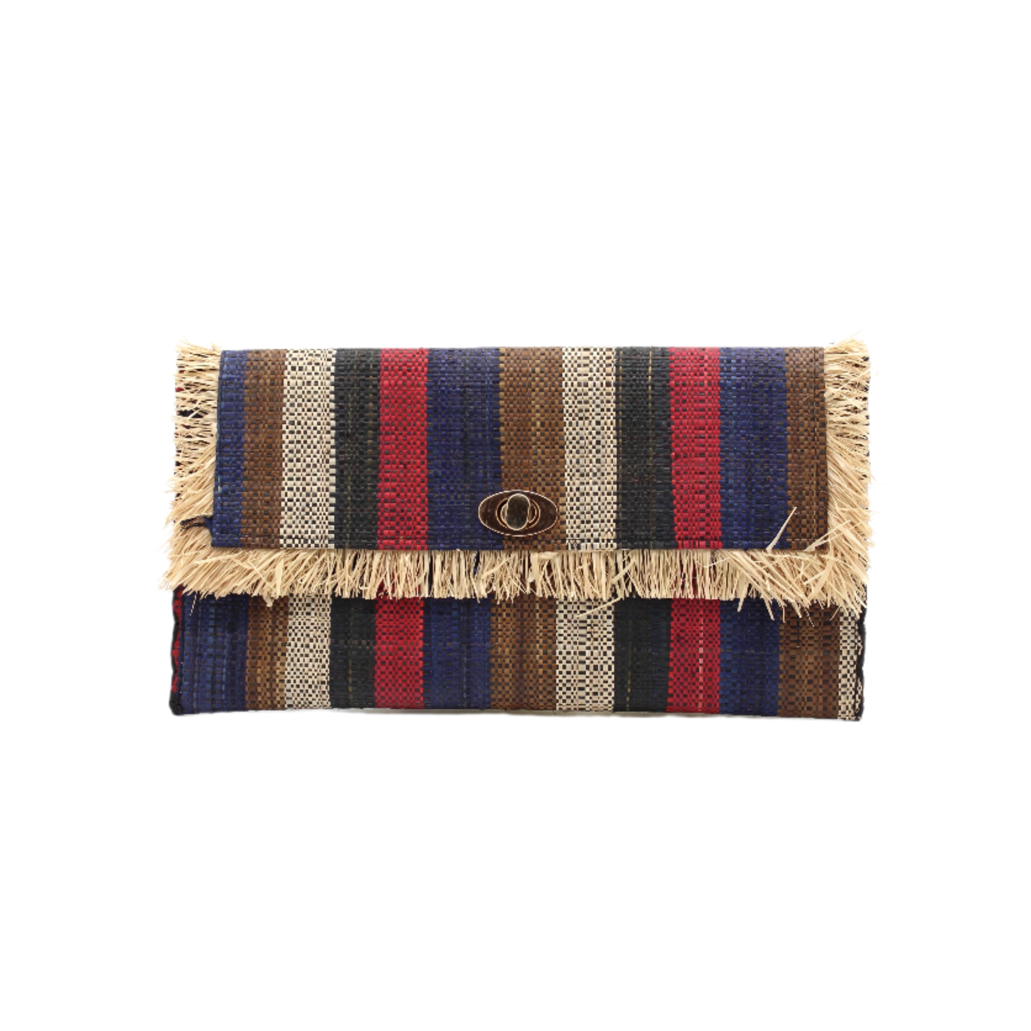 Sophie Dark & Moody Multicolor Stripe Straw Clutch handmade loomed raffia purse handbag with raw fringe edge detailing black, natural, cinnamon/tobacco/brown, red, and navy blue multicolor vertical stripe pattern envelope shaped bag - Shebobo