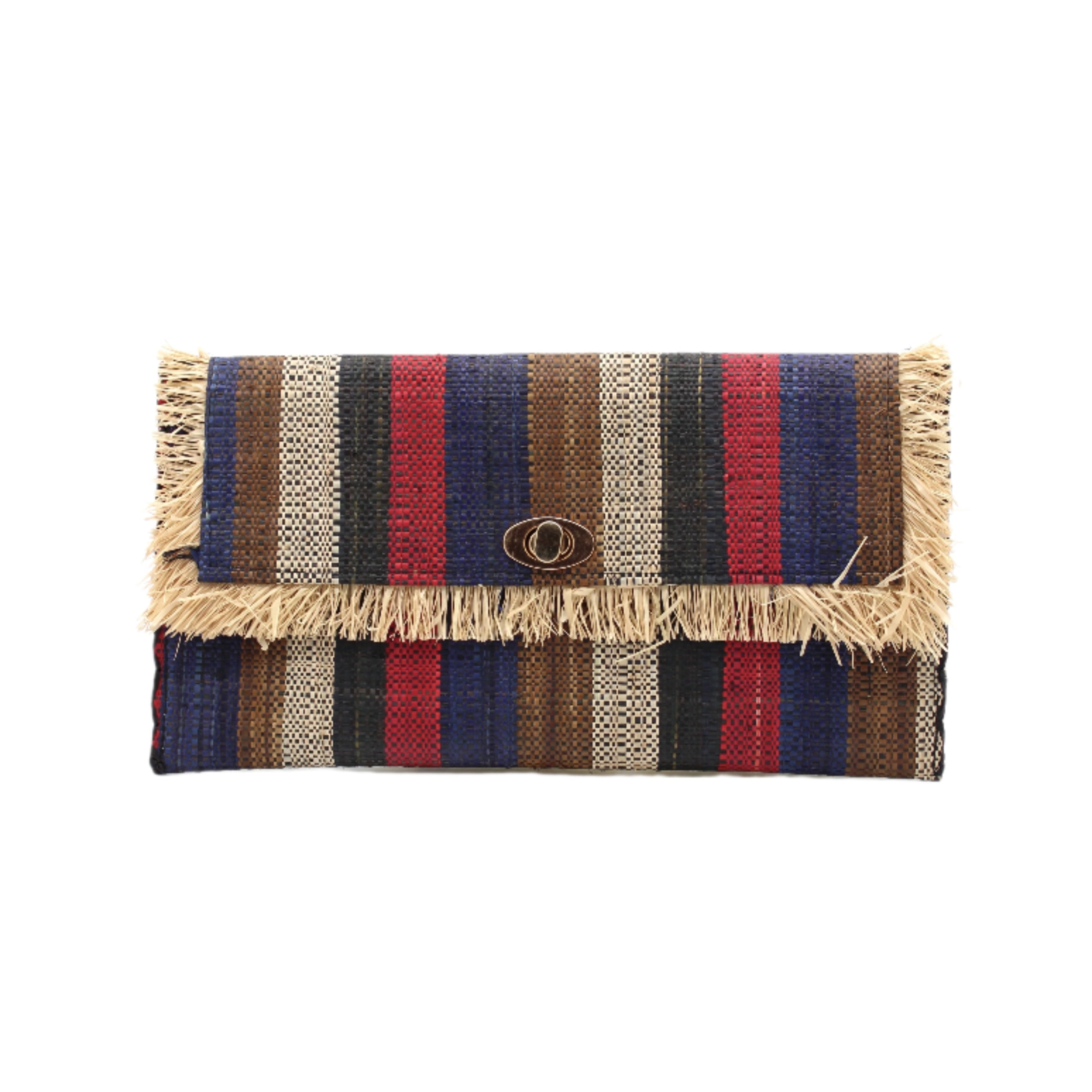 Sophie Dark & Moody Multicolor Stripe Straw Clutch handmade loomed raffia purse handbag with raw fringe edge detailing black, natural, cinnamon/tobacco/brown, red, and navy blue multicolor vertical stripe pattern envelope shaped bag - Shebobo