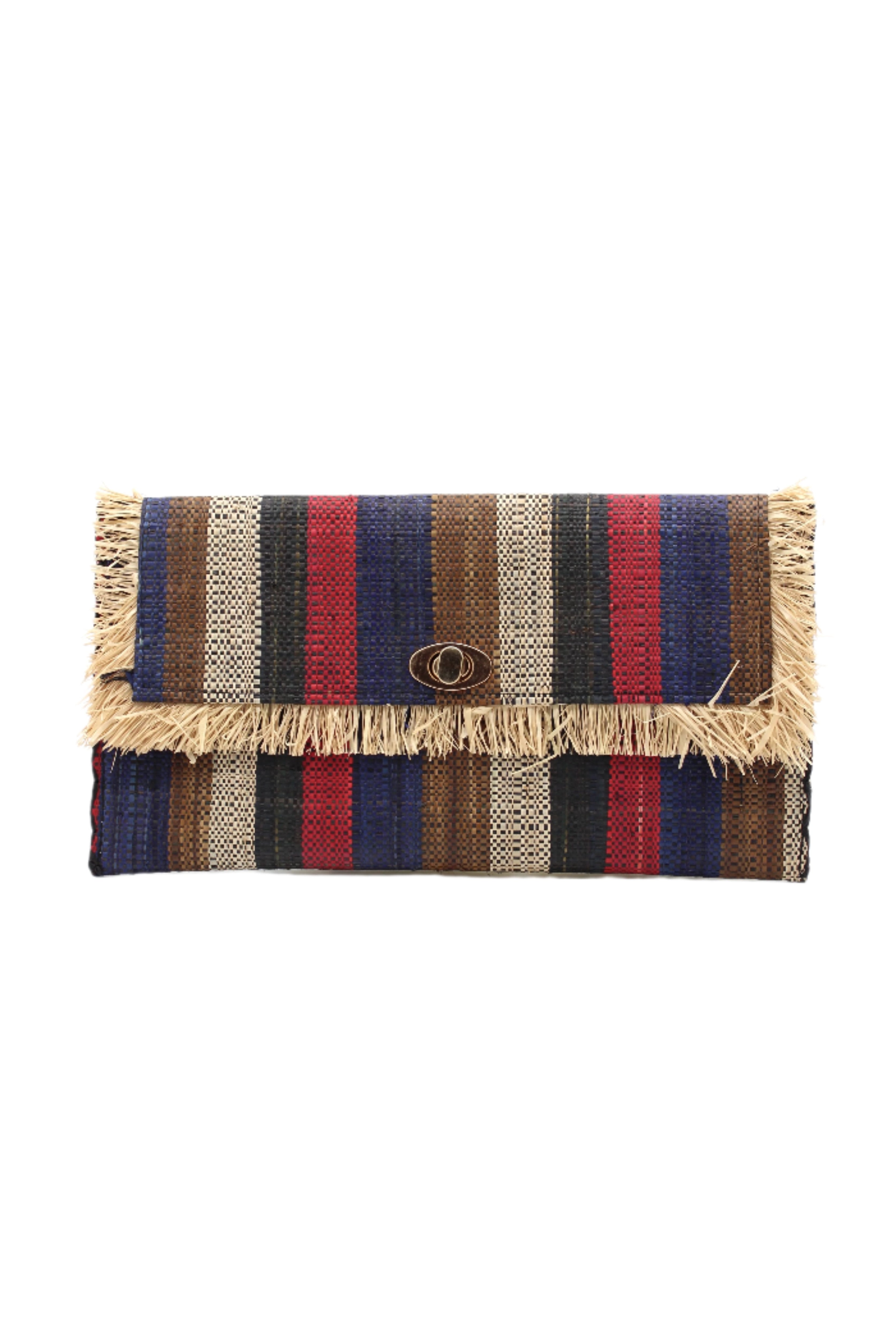 Sophie Dark & Moody Multicolor Stripe Straw Clutch handmade loomed raffia purse handbag with raw fringe edge detailing black, natural, cinnamon/tobacco/brown, red, and navy blue multicolor vertical stripe pattern envelope shaped bag - Shebobo