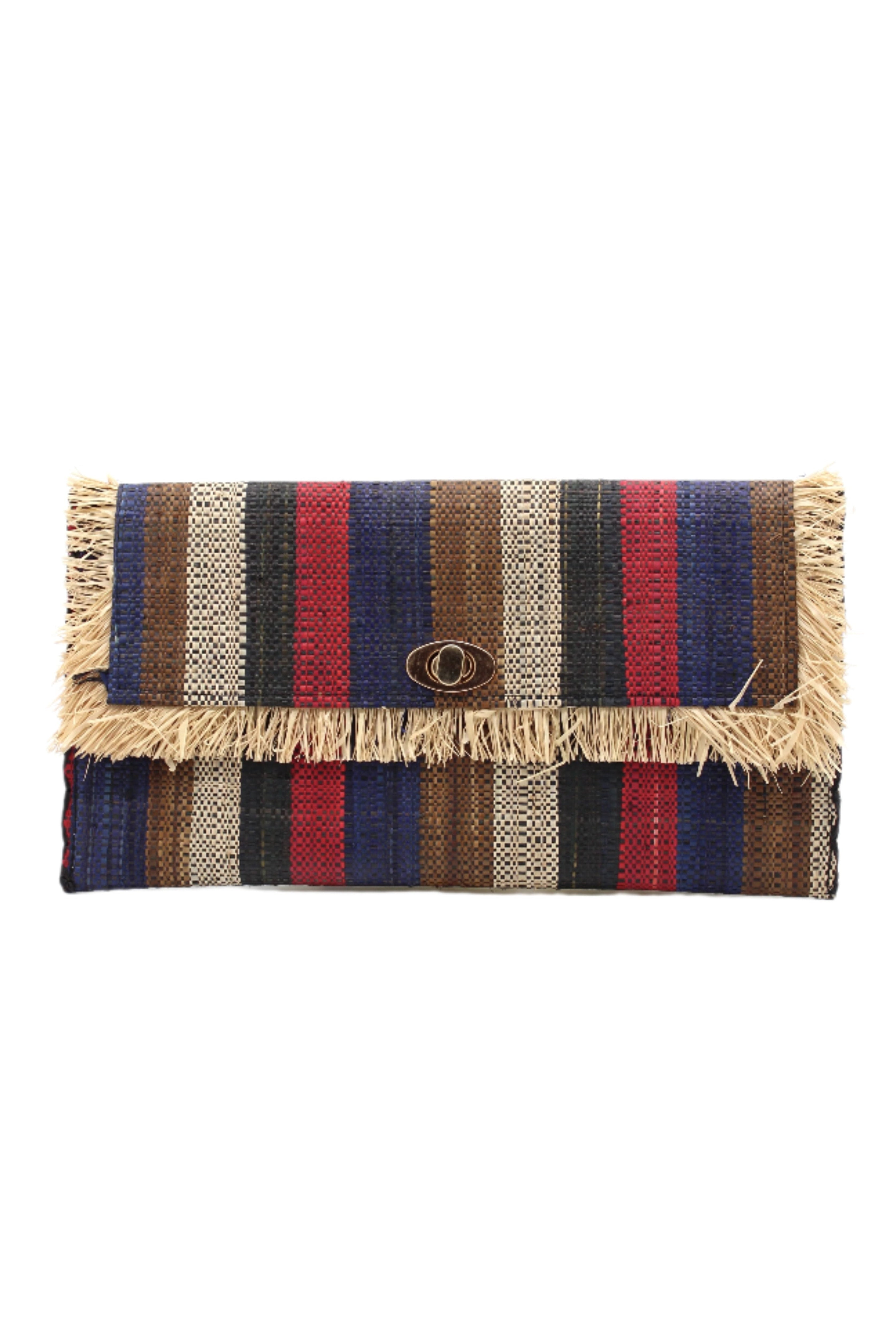 Sophie Dark & Moody Multicolor Stripe Straw Clutch handmade loomed raffia purse handbag with raw fringe edge detailing black, natural, cinnamon/tobacco/brown, red, and navy blue multicolor vertical stripe pattern envelope shaped bag - Shebobo