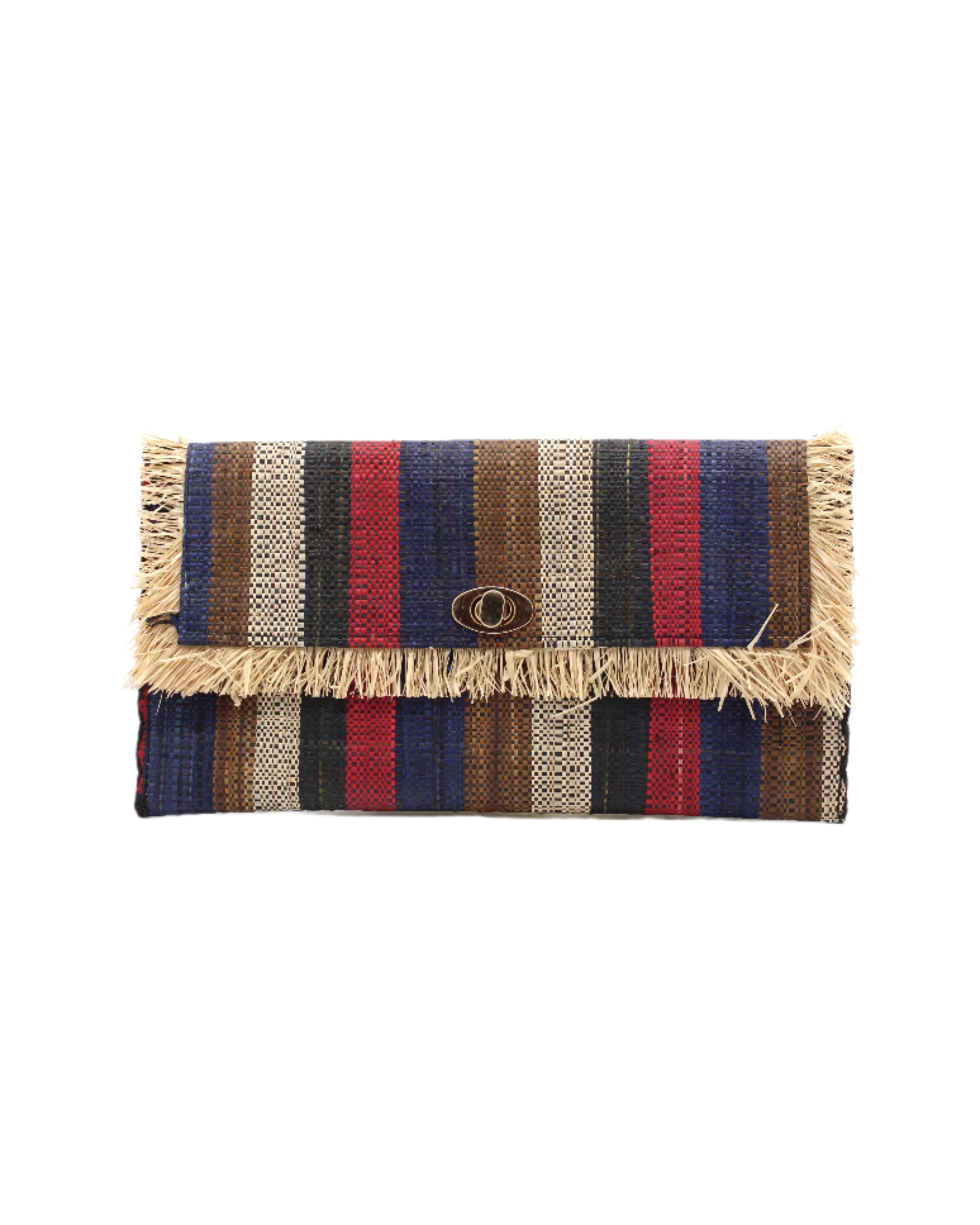 Sophie Dark & Moody Multicolor Stripe Straw Clutch handmade loomed raffia purse handbag with raw fringe edge detailing black, natural, cinnamon/tobacco/brown, red, and navy blue multicolor vertical stripe pattern envelope shaped bag - Shebobo