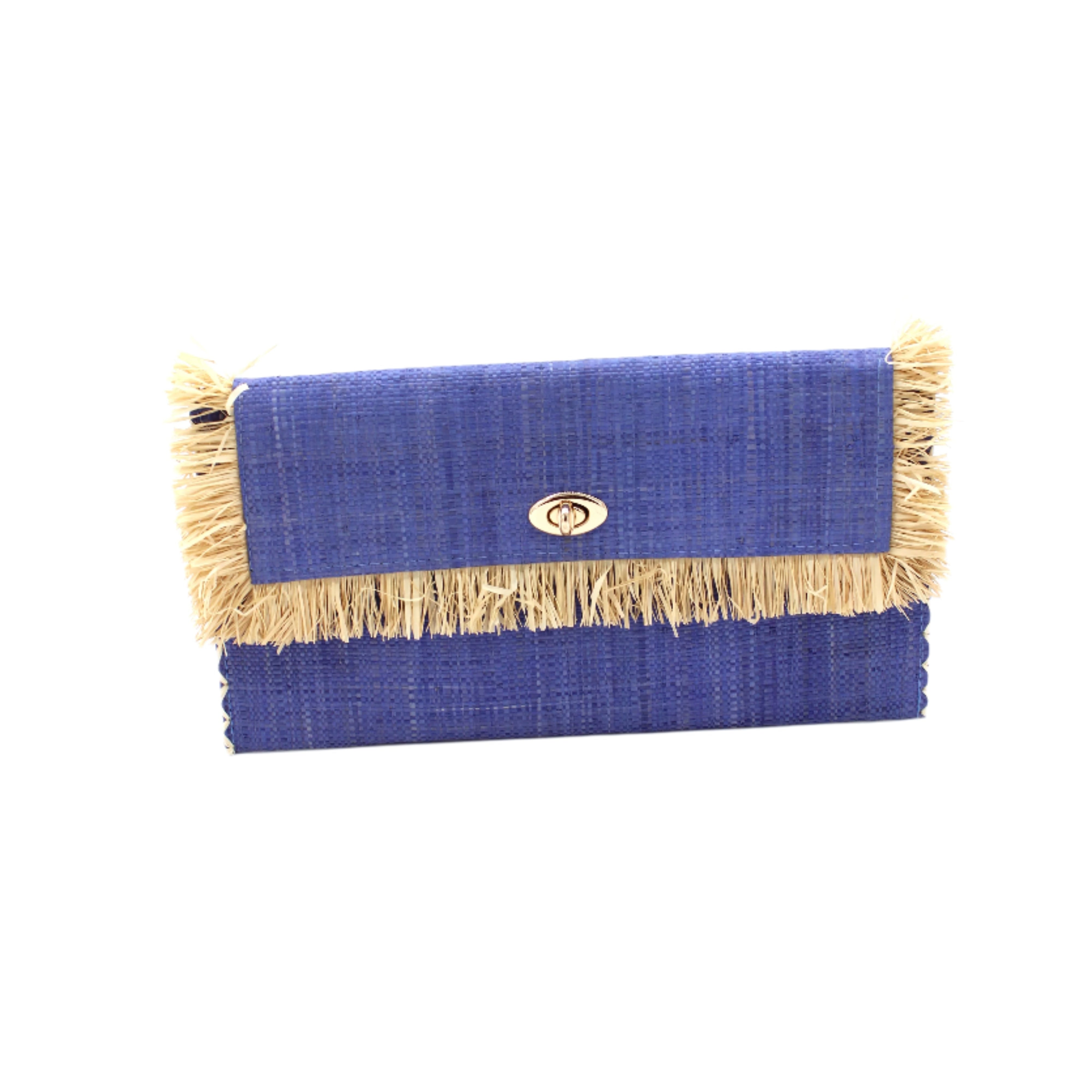Sophie Denim Straw Clutch with Raw Fringe Edge handmade loomed raffia palm fiber in a solid hue of denim retro/light/blue purse with natural straw color fringe trim edge and matching cross stitch binding handbag - Shebobo