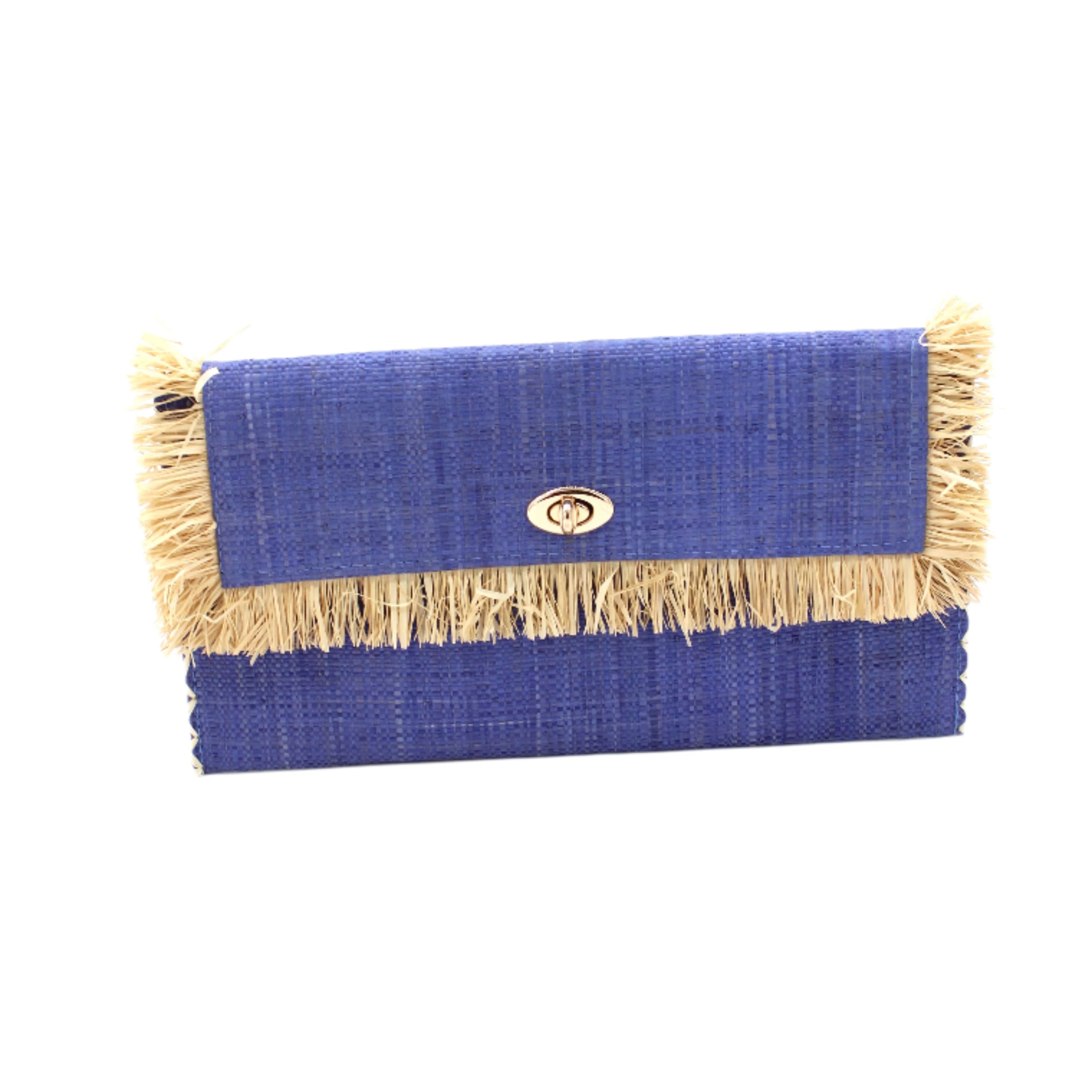 Sophie Denim Straw Clutch with Raw Fringe Edge handmade loomed raffia palm fiber in a solid hue of denim retro/light/blue purse with natural straw color fringe trim edge and matching cross stitch binding handbag - Shebobo