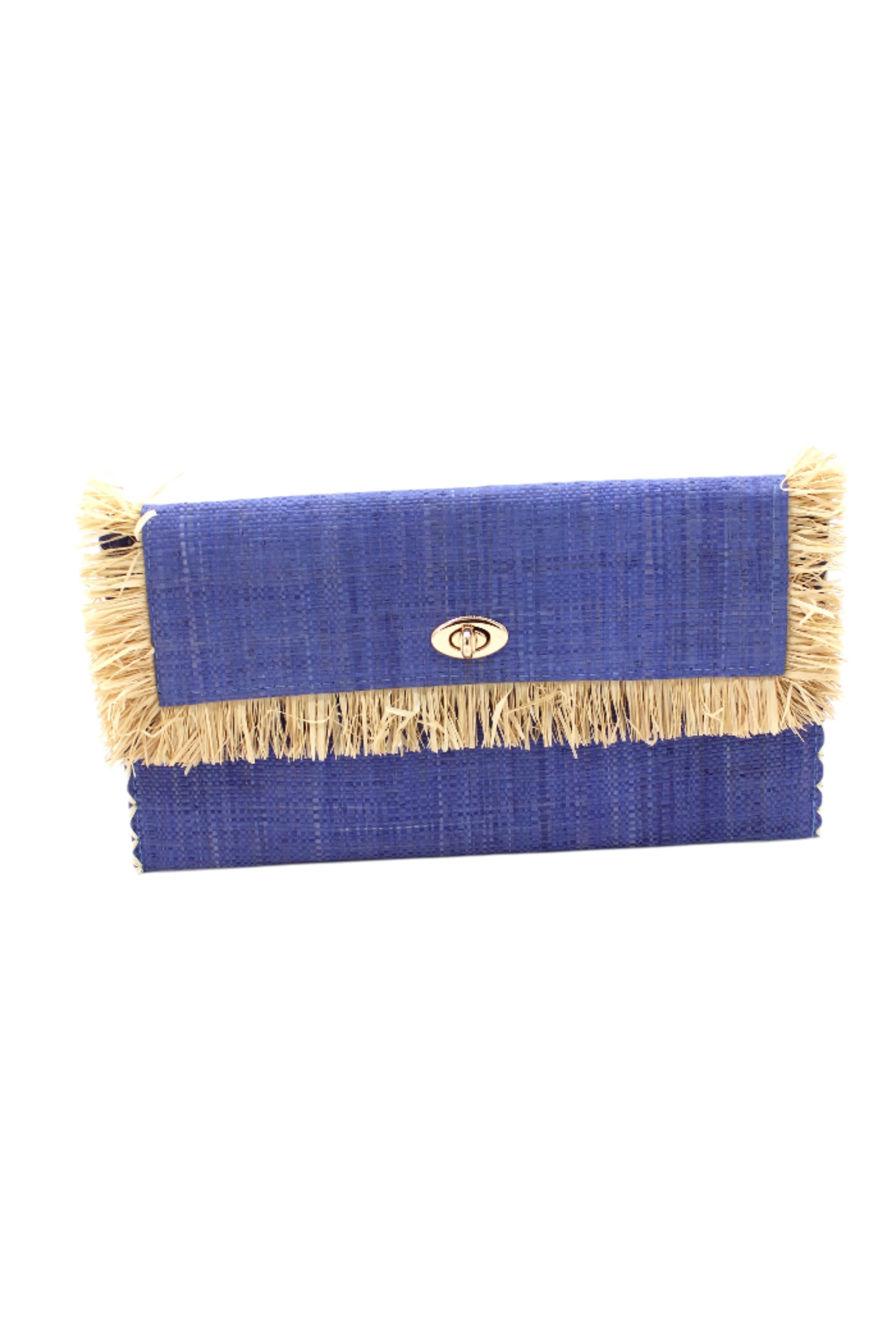 Sophie Denim Straw Clutch with Raw Fringe Edge handmade loomed raffia palm fiber in a solid hue of denim retro/light/blue purse with natural straw color fringe trim edge and matching cross stitch binding handbag - Shebobo