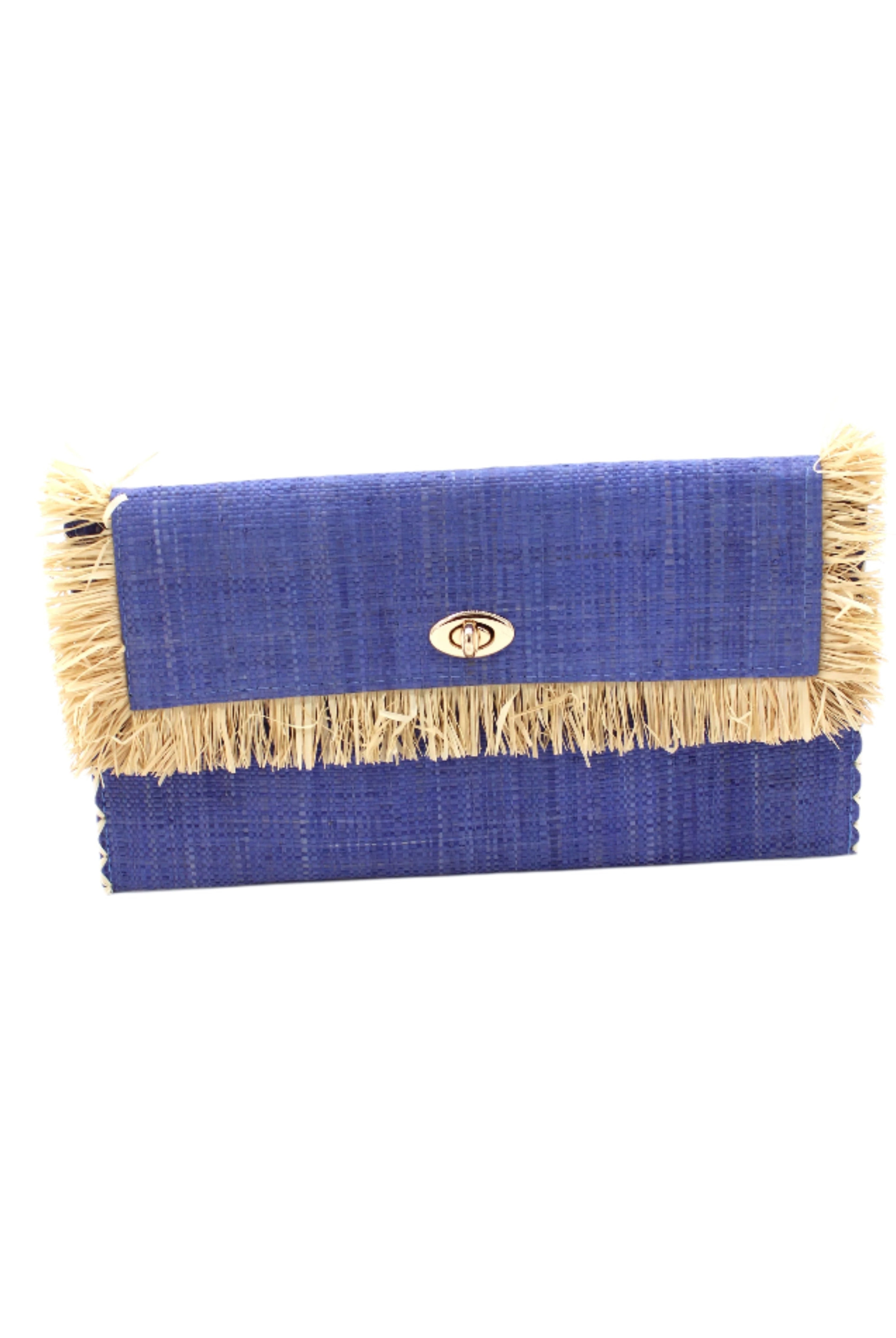 Sophie Denim Straw Clutch with Raw Fringe Edge handmade loomed raffia palm fiber in a solid hue of denim retro/light/blue purse with natural straw color fringe trim edge and matching cross stitch binding handbag - Shebobo