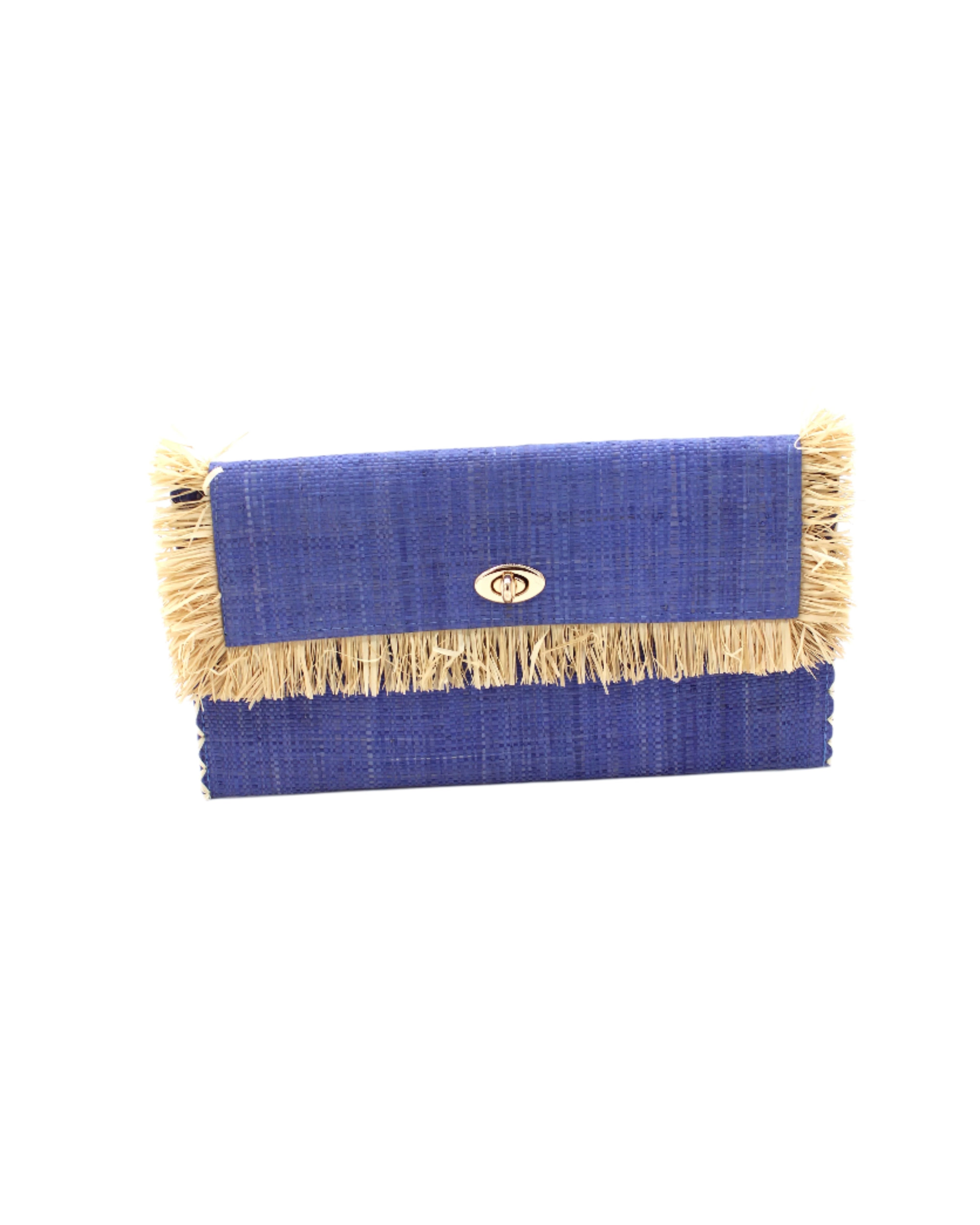 Sophie Denim Straw Clutch with Raw Fringe Edge handmade loomed raffia palm fiber in a solid hue of denim retro/light/blue purse with natural straw color fringe trim edge and matching cross stitch binding handbag - Shebobo