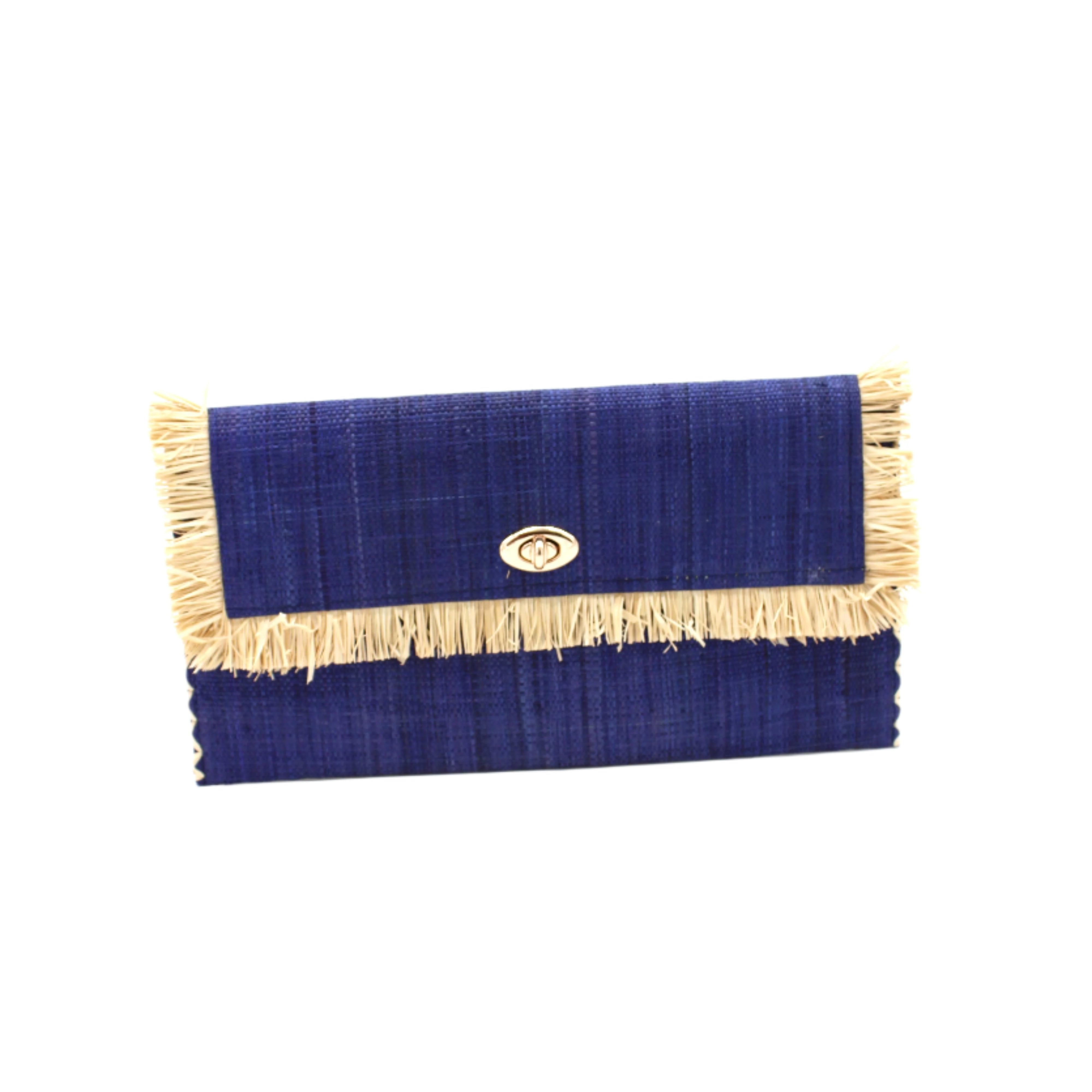 Sophie Dusk Straw Clutch with Raw Fringe Edge handmade loomed raffia palm fiber in a solid hue of dusk navy/dark/blue purse with natural straw color fringe trim edge and matching cross stitch binding handbag - Shebobo