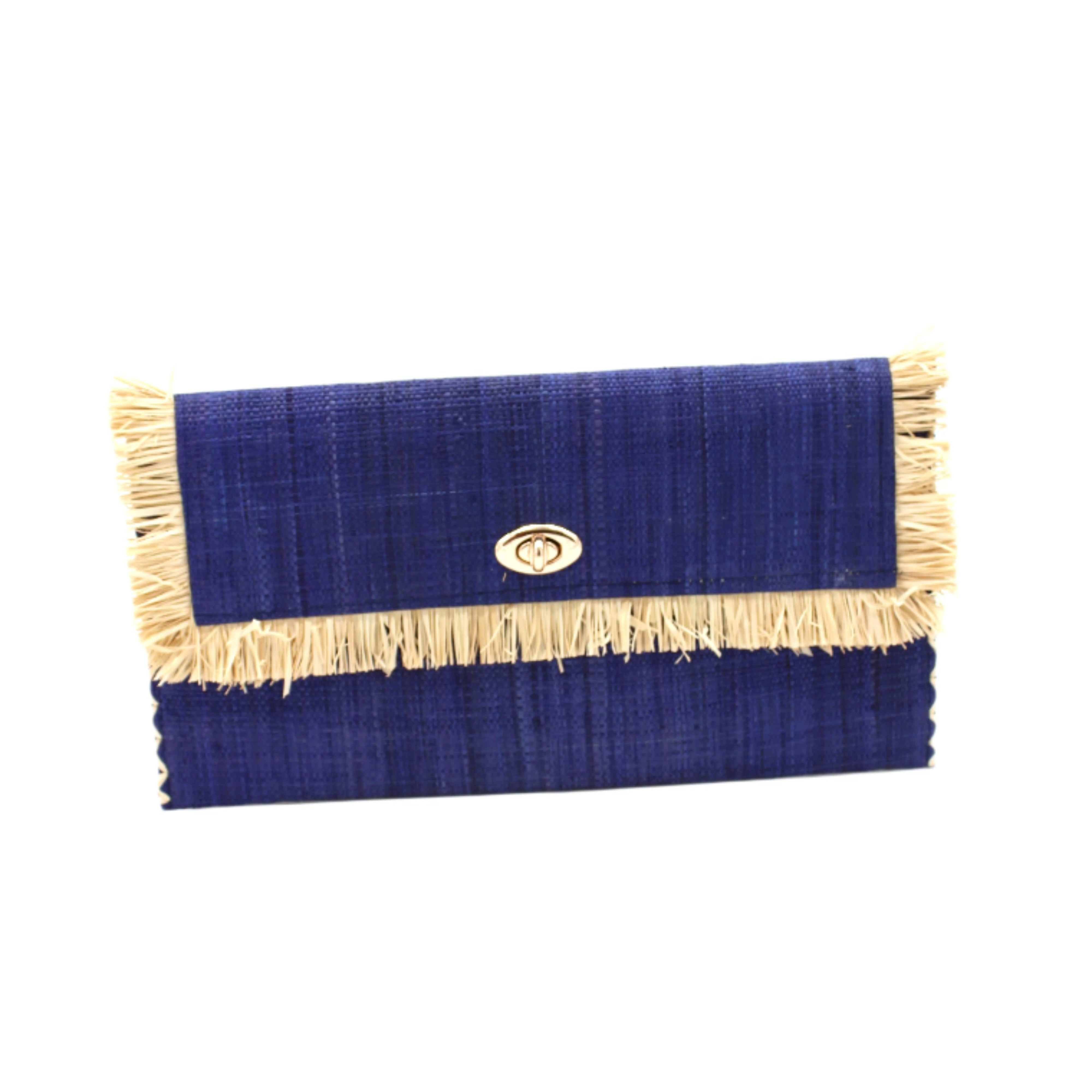 Sophie Dusk Straw Clutch with Raw Fringe Edge handmade loomed raffia palm fiber in a solid hue of dusk navy/dark/blue purse with natural straw color fringe trim edge and matching cross stitch binding handbag - Shebobo