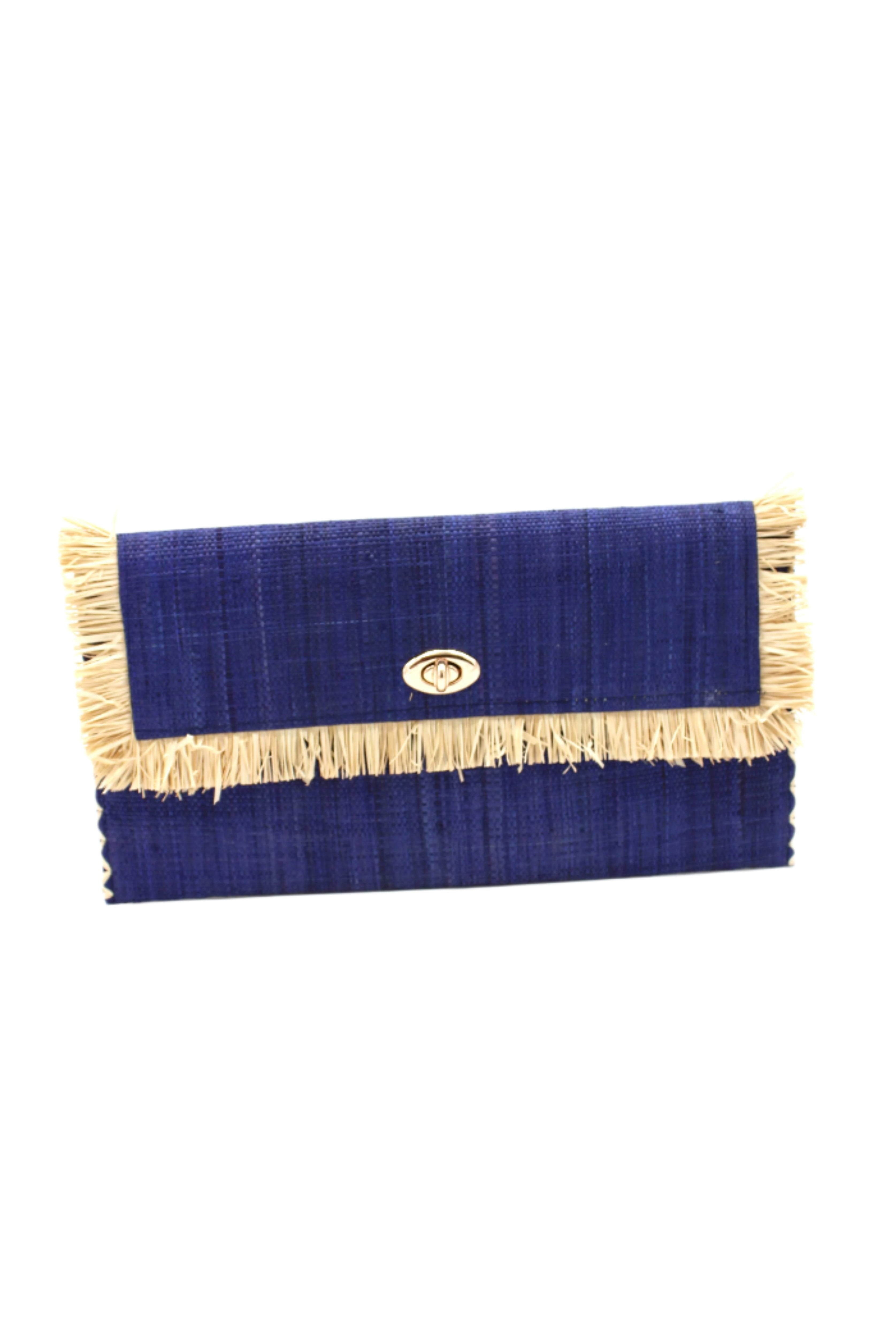Sophie Dusk Straw Clutch with Raw Fringe Edge handmade loomed raffia palm fiber in a solid hue of dusk navy/dark/blue purse with natural straw color fringe trim edge and matching cross stitch binding handbag - Shebobo