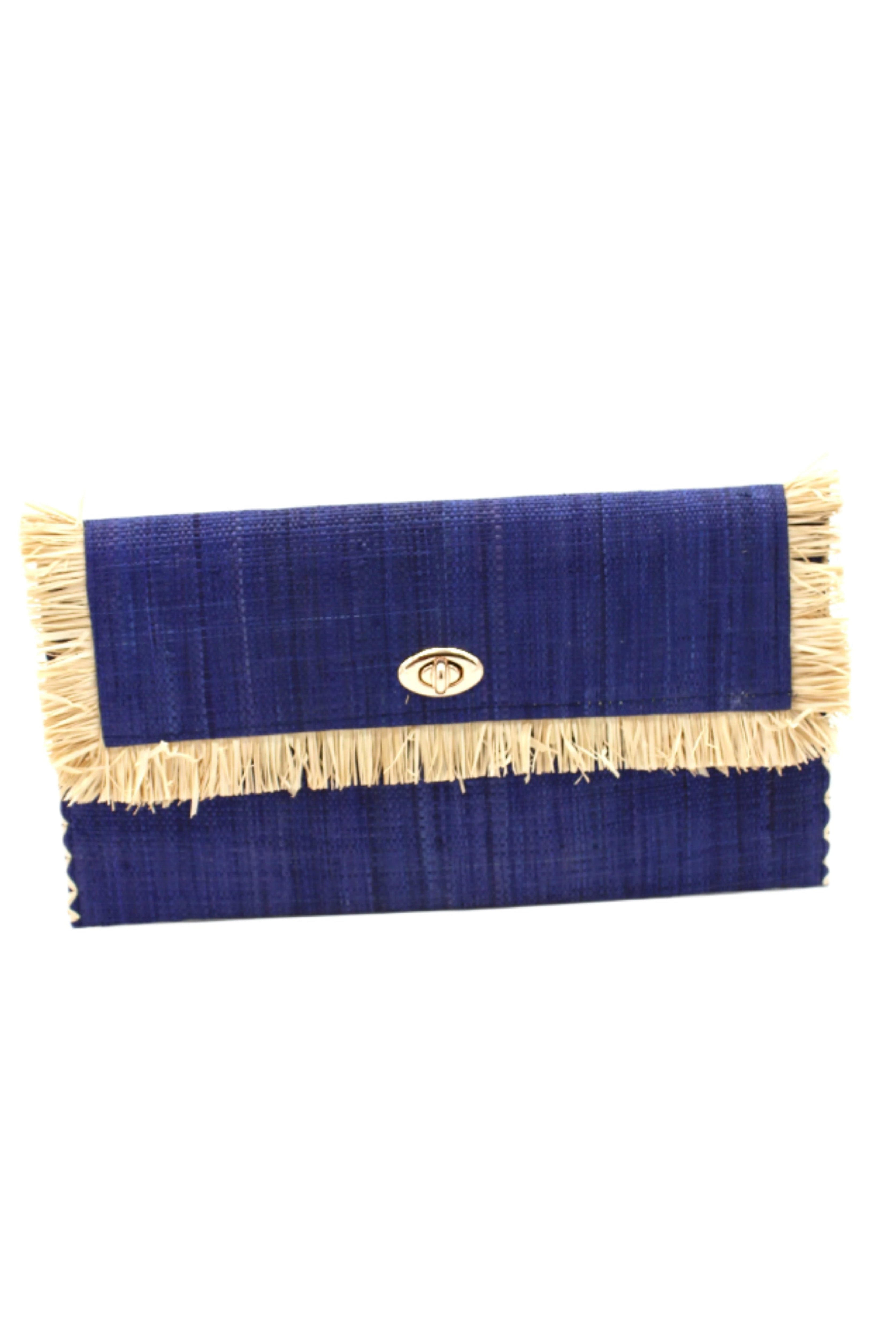 Sophie Dusk Straw Clutch with Raw Fringe Edge handmade loomed raffia palm fiber in a solid hue of dusk navy/dark/blue purse with natural straw color fringe trim edge and matching cross stitch binding handbag - Shebobo