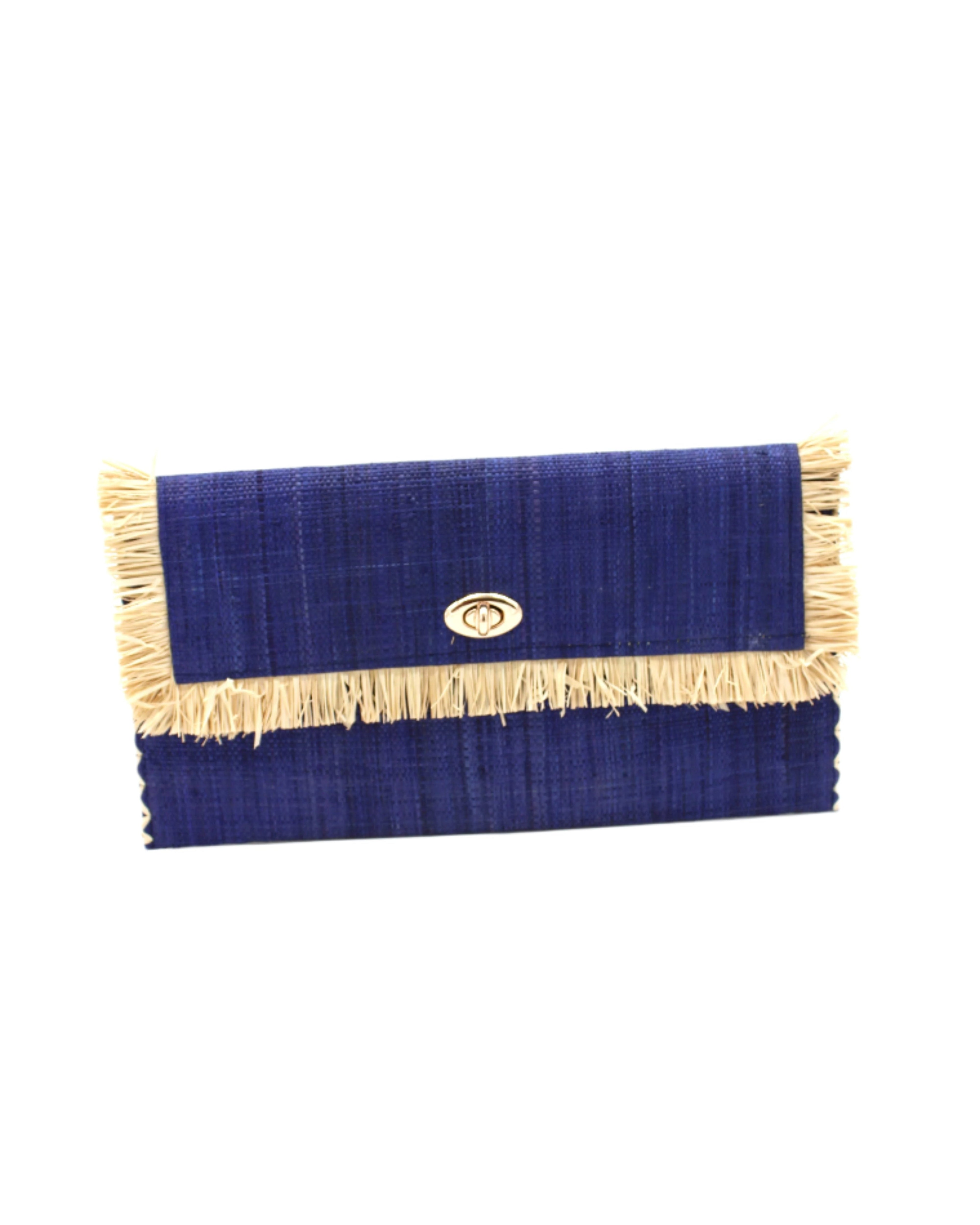 Sophie Dusk Straw Clutch with Raw Fringe Edge handmade loomed raffia palm fiber in a solid hue of dusk navy/dark/blue purse with natural straw color fringe trim edge and matching cross stitch binding handbag - Shebobo