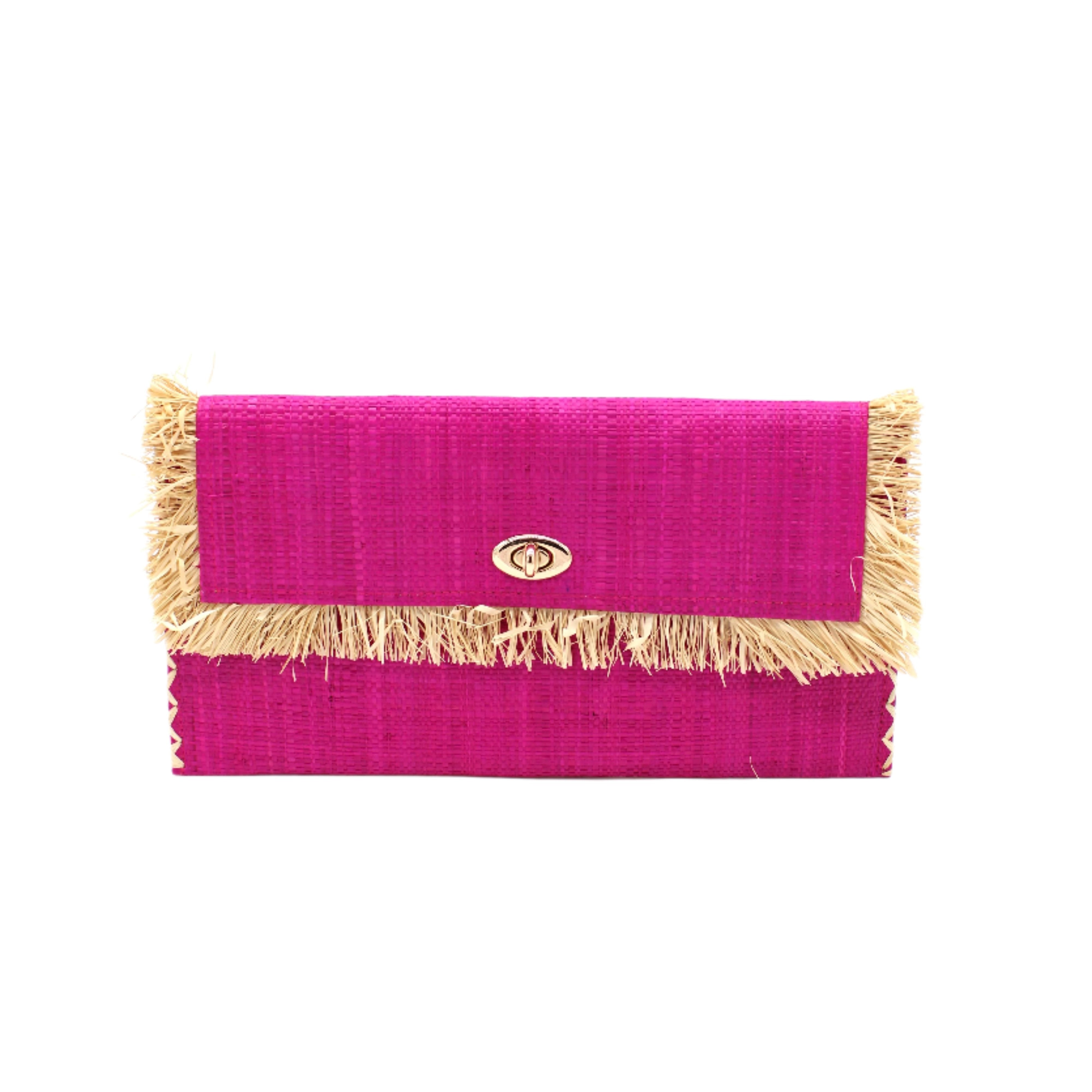 Sophie Fuchsia Straw Clutch with Raw Fringe Edge handmade loomed raffia palm fiber in a solid hue of fuchsia hot/bright/barbie/pink purse with natural straw color fringe trim edge and matching cross stitch binding handbag - Shebobo