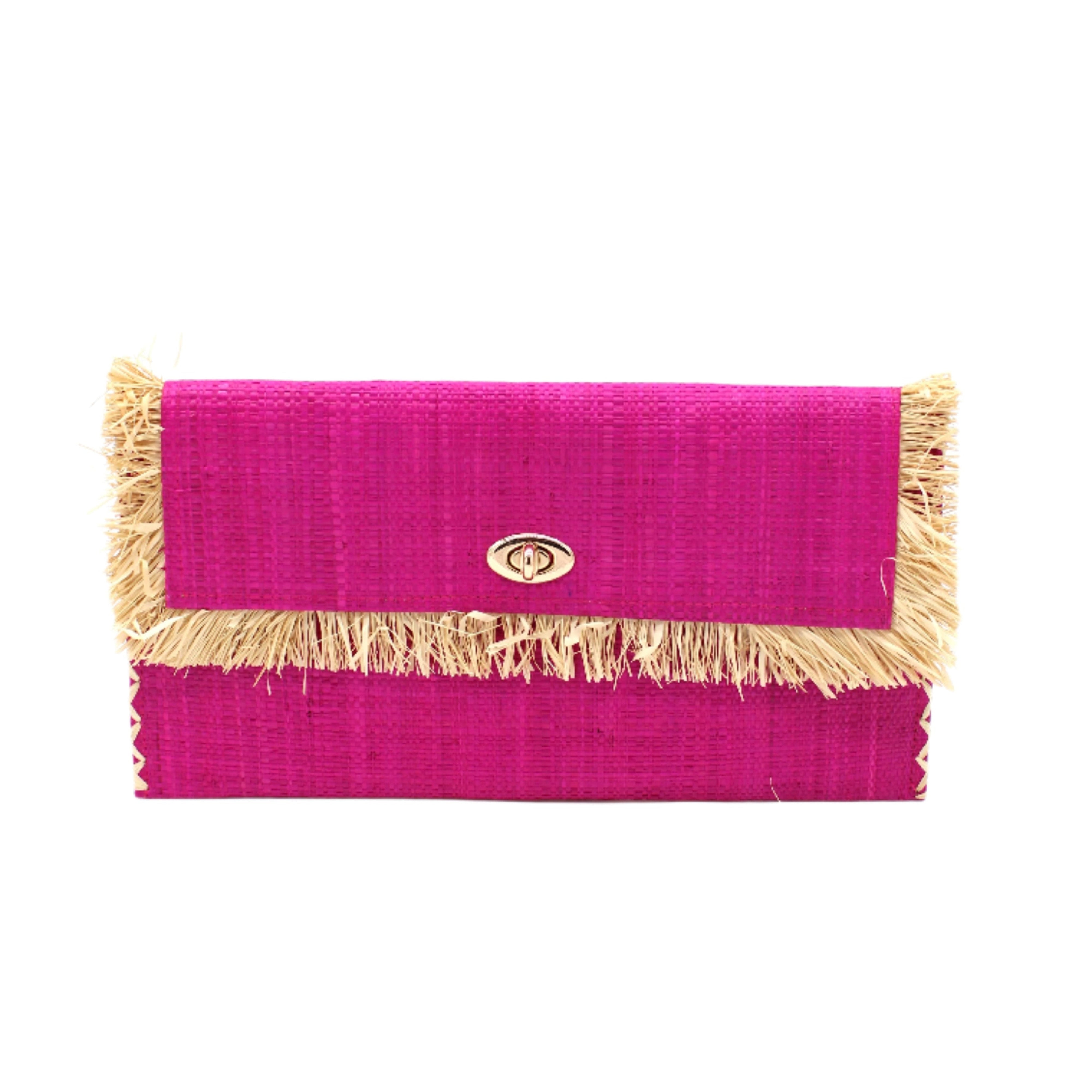 Sophie Fuchsia Straw Clutch with Raw Fringe Edge handmade loomed raffia palm fiber in a solid hue of fuchsia hot/bright/barbie/pink purse with natural straw color fringe trim edge and matching cross stitch binding handbag - Shebobo