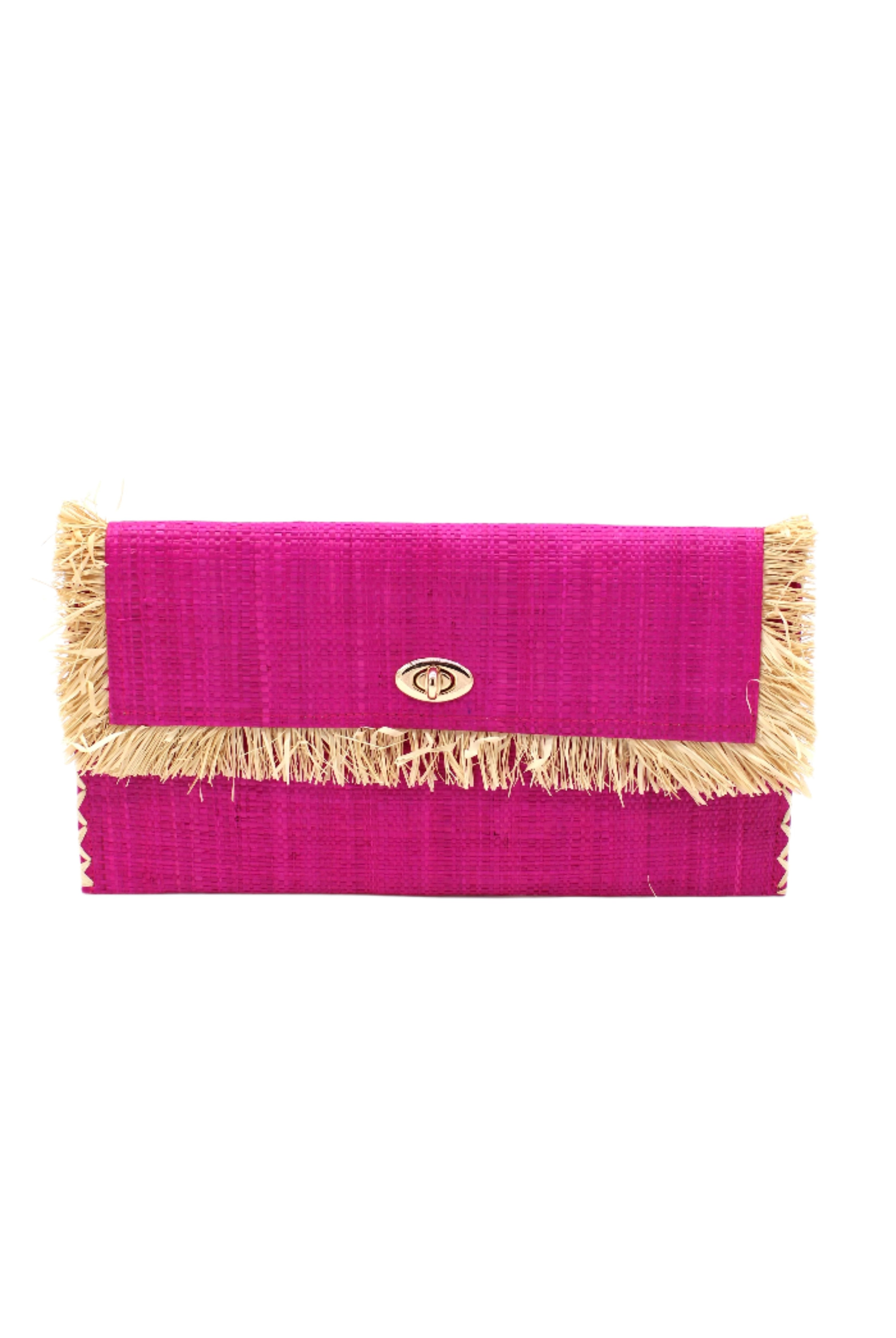 Sophie Fuchsia Straw Clutch with Raw Fringe Edge handmade loomed raffia palm fiber in a solid hue of fuchsia hot/bright/barbie/pink purse with natural straw color fringe trim edge and matching cross stitch binding handbag - Shebobo