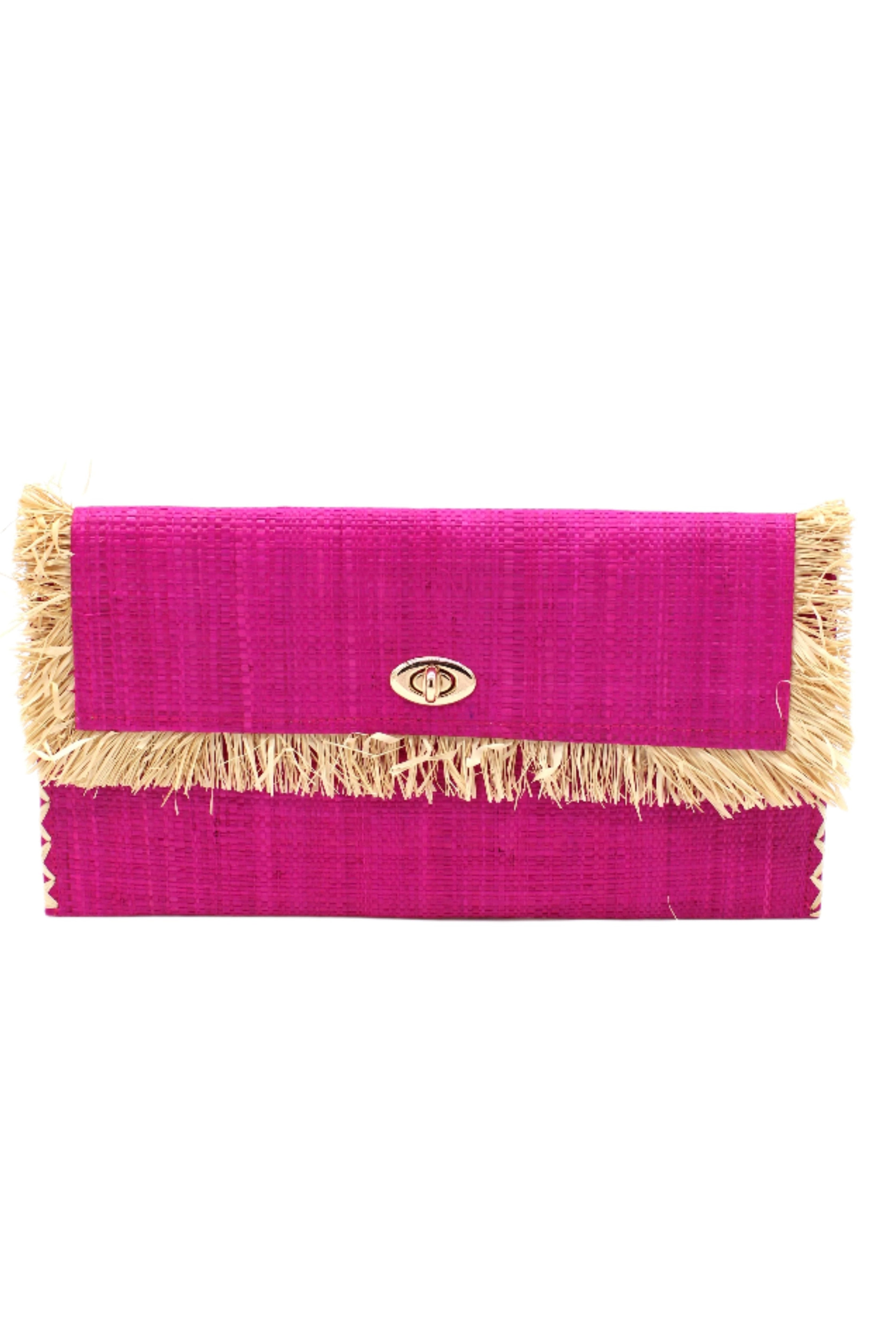 Sophie Fuchsia Straw Clutch with Raw Fringe Edge handmade loomed raffia palm fiber in a solid hue of fuchsia hot/bright/barbie/pink purse with natural straw color fringe trim edge and matching cross stitch binding handbag - Shebobo