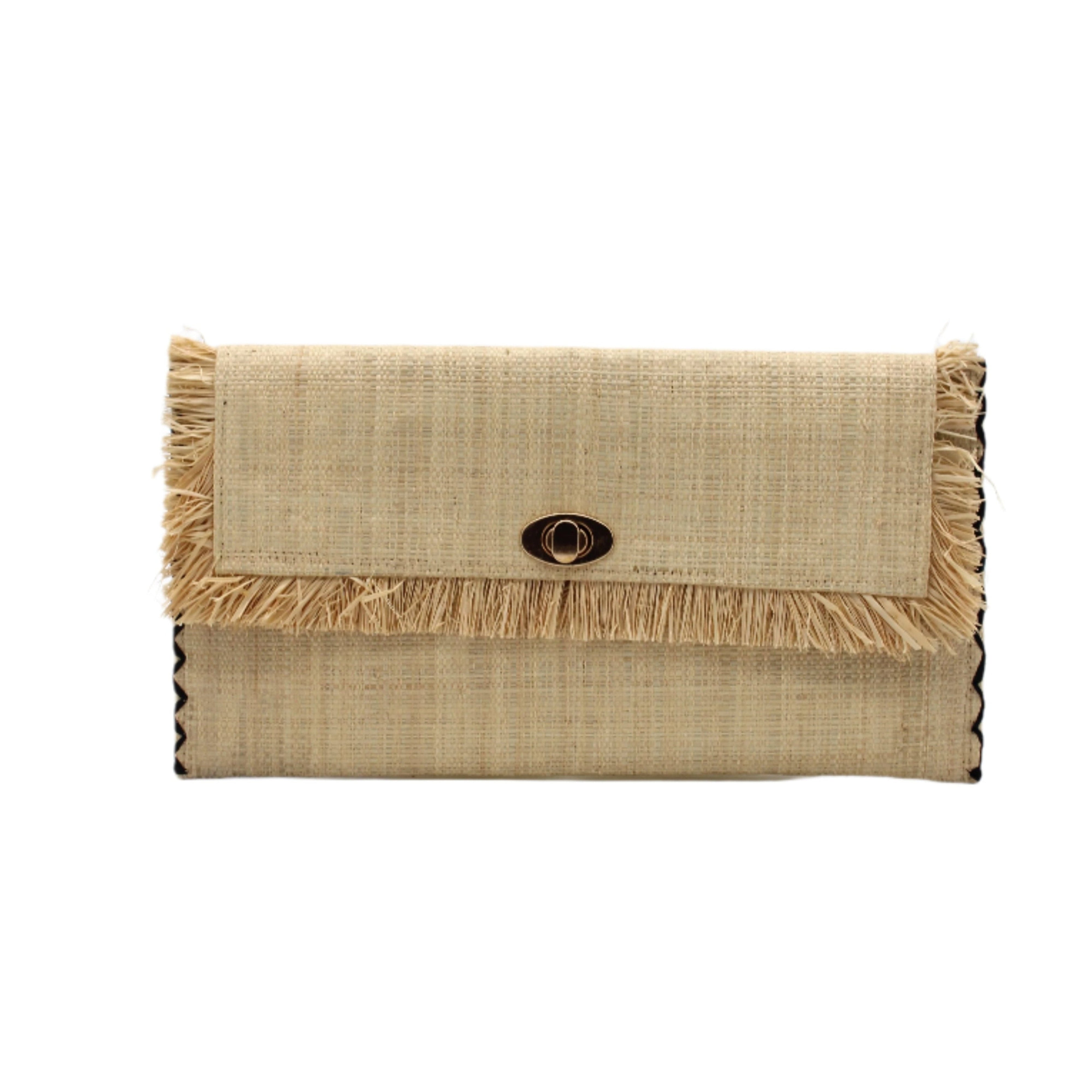 Sophie Natural Straw Clutch with Raw Fringe Edge handmade loomed natural straw color raffia purse with matching fringe trim edge and contrasting black cross stitch binding handbag - Shebobo