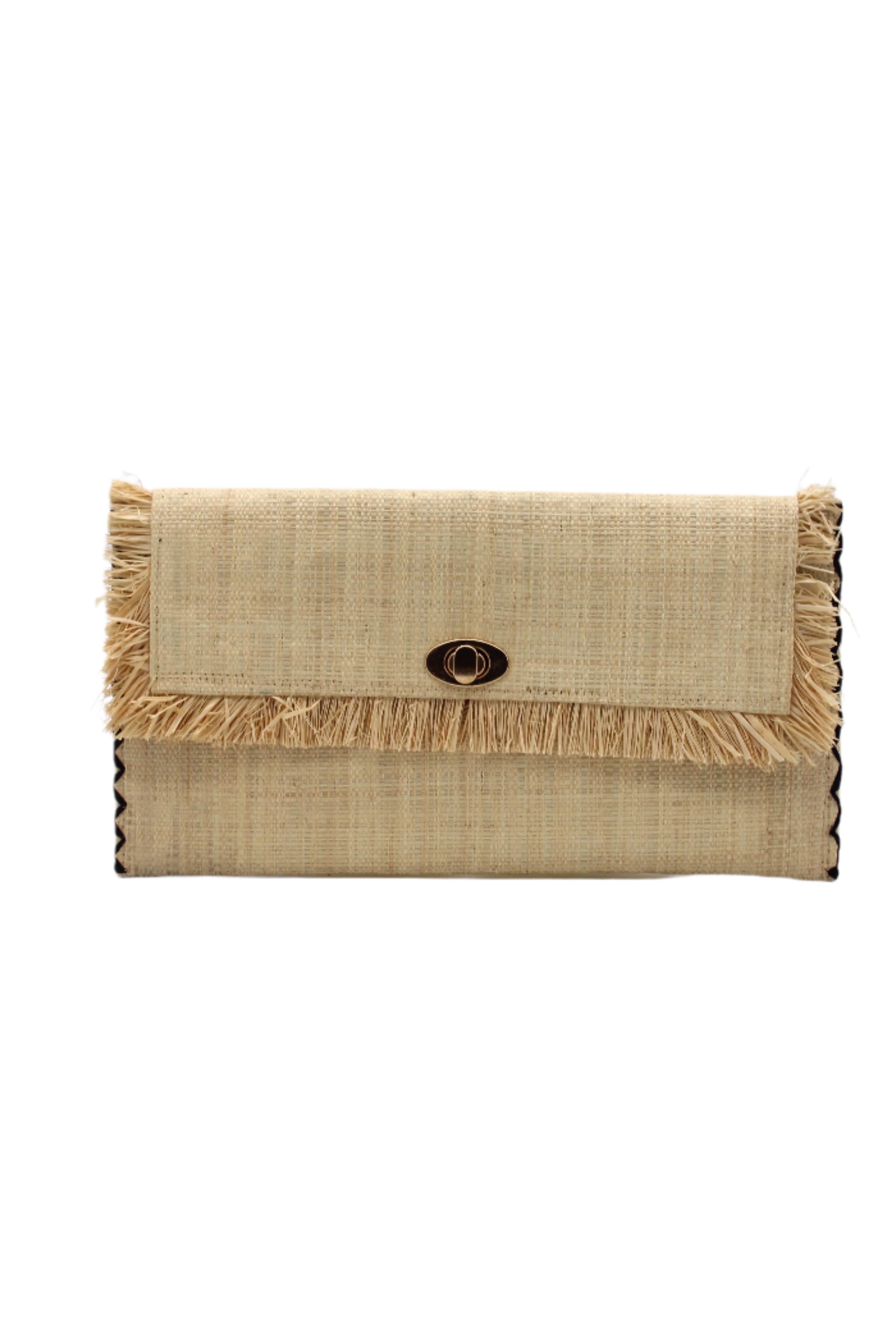 Sophie Natural Straw Clutch with Raw Fringe Edge handmade loomed natural straw color raffia purse with matching fringe trim edge and contrasting black cross stitch binding handbag - Shebobo