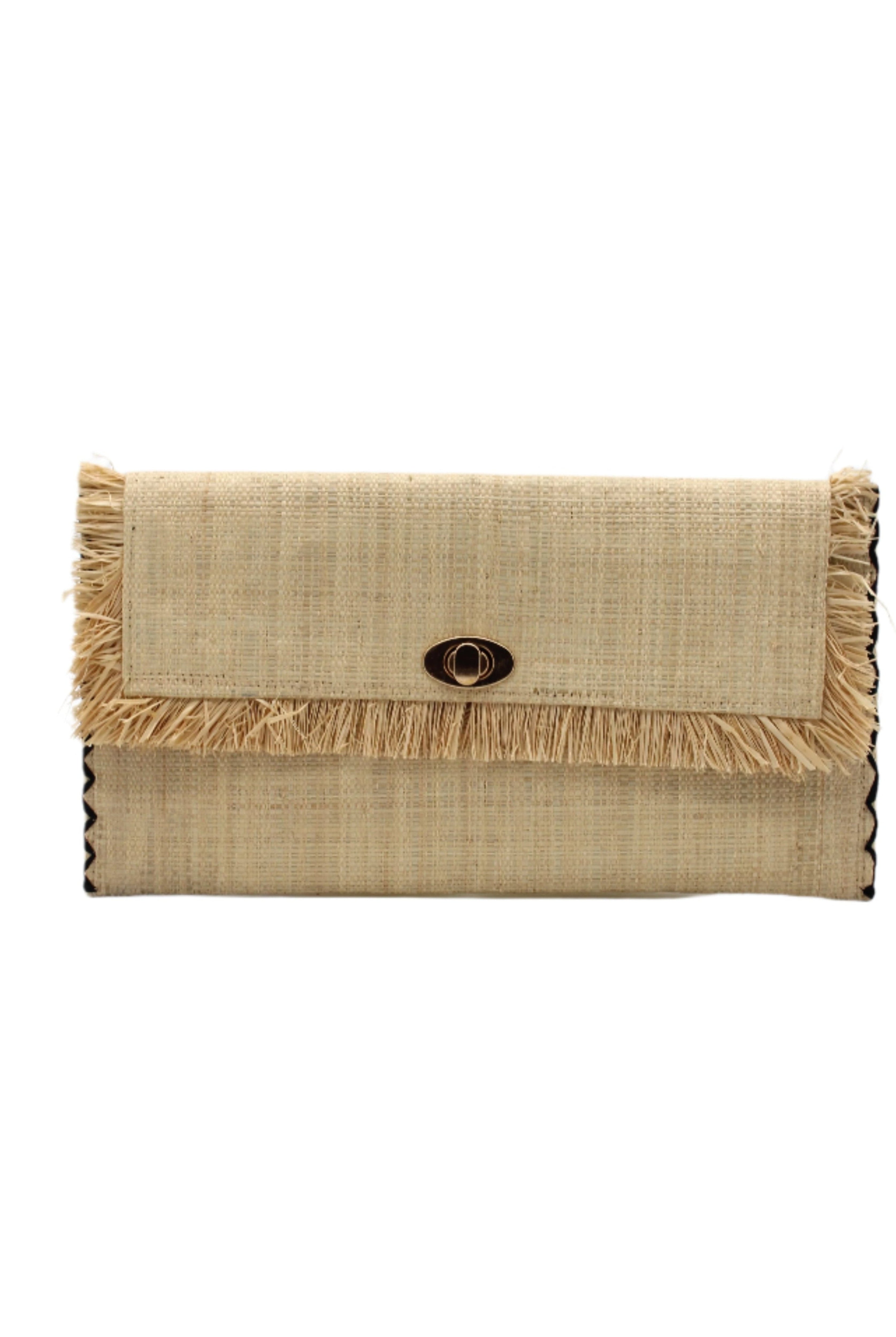 Sophie Natural Straw Clutch with Raw Fringe Edge handmade loomed natural straw color raffia purse with matching fringe trim edge and contrasting black cross stitch binding handbag - Shebobo