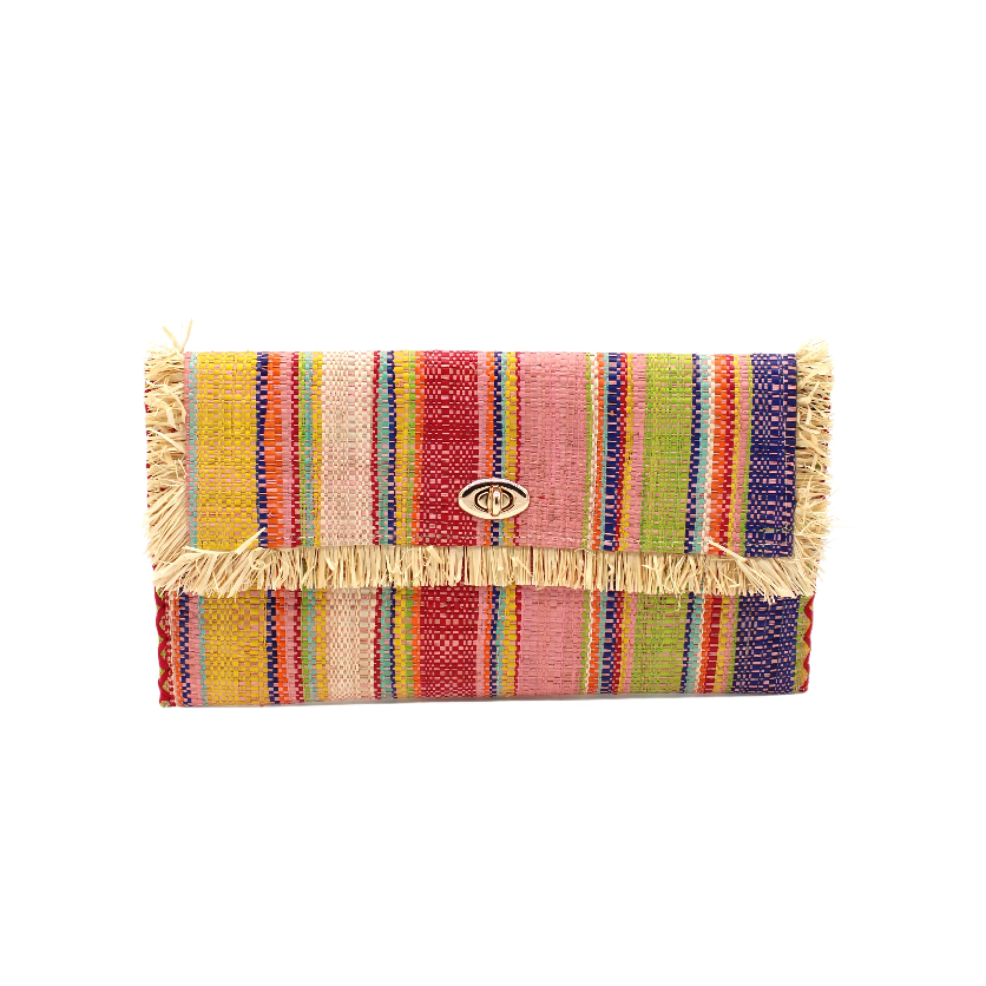 Sophie Raspberry Swirl Multicolor Stripes Straw Clutch handmade loomed raffia purse handbag in muti-width vertical bands of pink, yellow, purple, blue, orange, cappuccino light brown, and natural straw color with matching cross stitch edging and natural straw color raw fringe edge envelope shaped bag - Shebobo