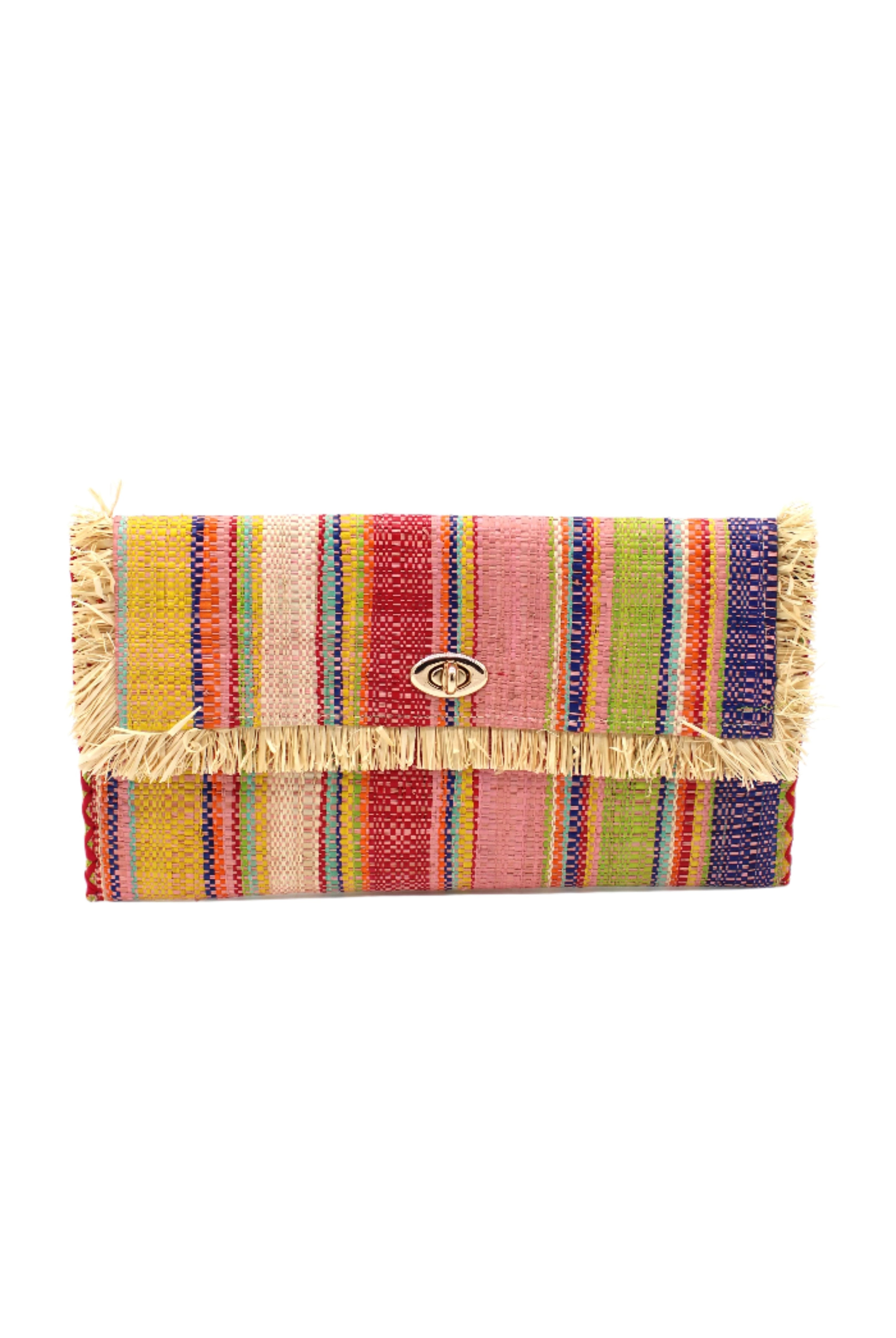 Sophie Raspberry Swirl Multicolor Stripes Straw Clutch handmade loomed raffia purse handbag in muti-width vertical bands of pink, yellow, purple, blue, orange, cappuccino light brown, and natural straw color with matching cross stitch edging and natural straw color raw fringe edge envelope shaped bag - Shebobo