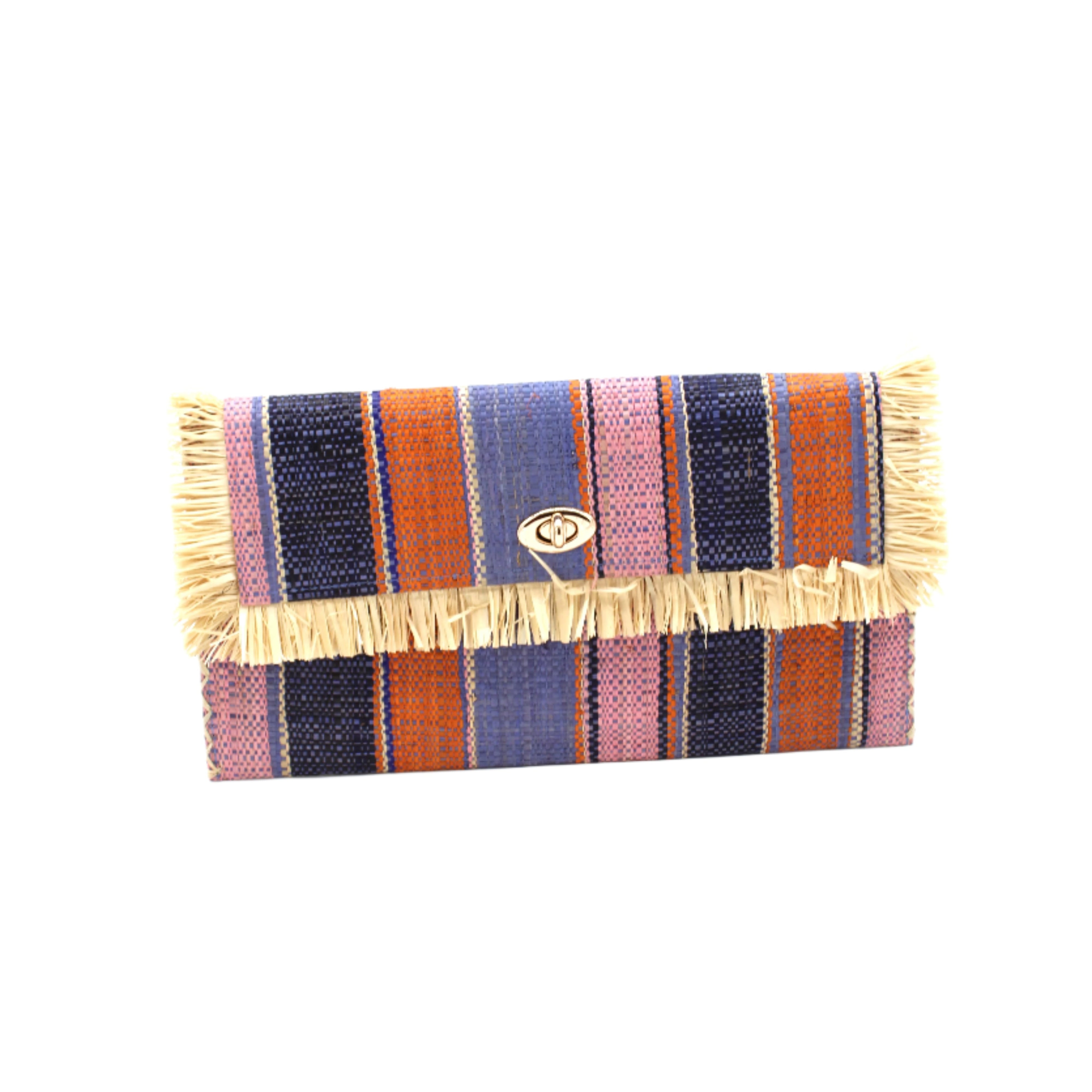 Sophie Retro Stripe Multicolor Stripes Straw Clutch handmade loomed raffia purse handbag in muti-width vertical bands of denim retro/light/blue, dusk navy/dark/blue, light pink, coral orange/red and natural straw color with matching cross stitch edging and natural straw color raw fringe edge envelope shaped bag - Shebobo