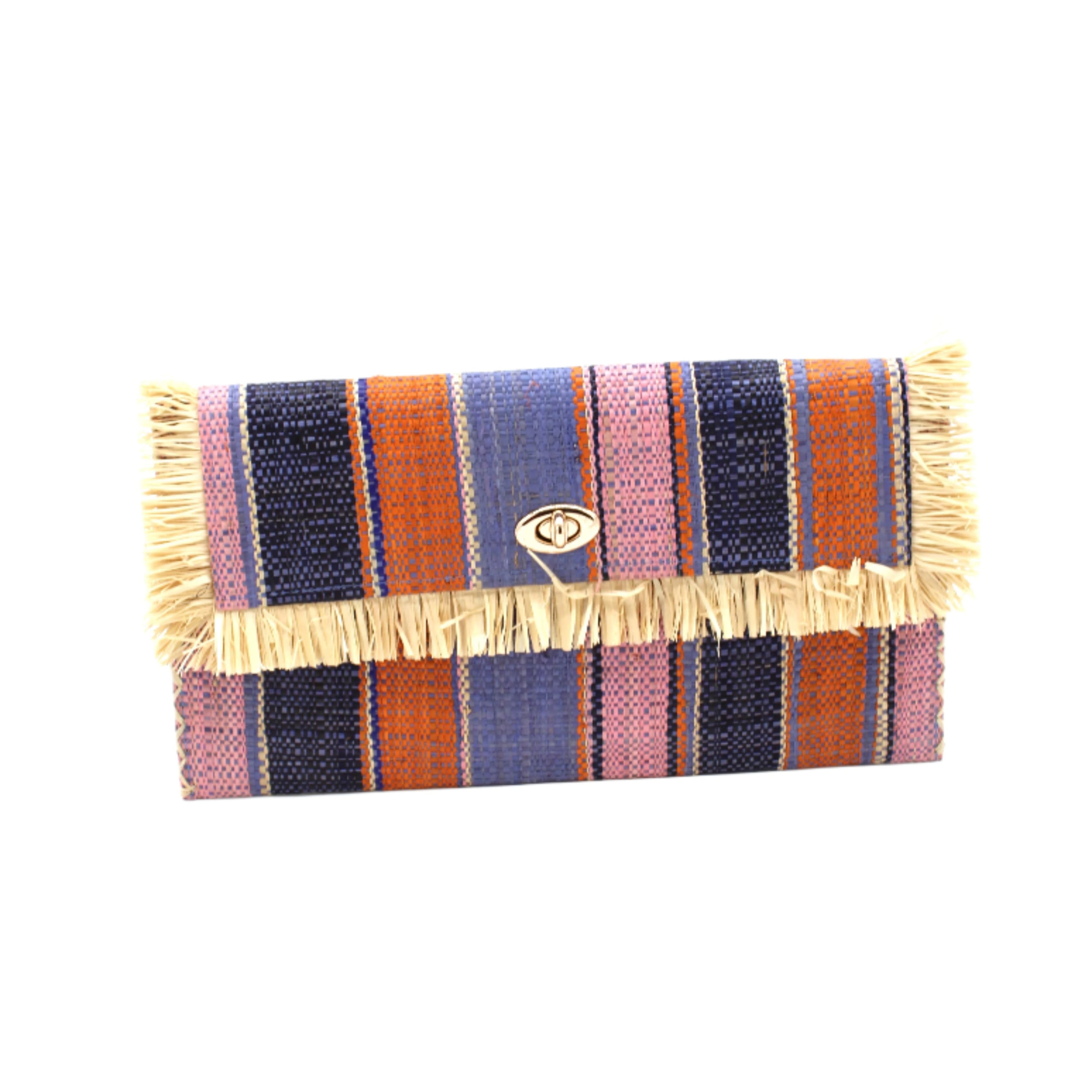 Sophie Retro Stripe Multicolor Stripes Straw Clutch handmade loomed raffia purse handbag in muti-width vertical bands of denim retro/light/blue, dusk navy/dark/blue, light pink, coral orange/red and natural straw color with matching cross stitch edging and natural straw color raw fringe edge envelope shaped bag - Shebobo