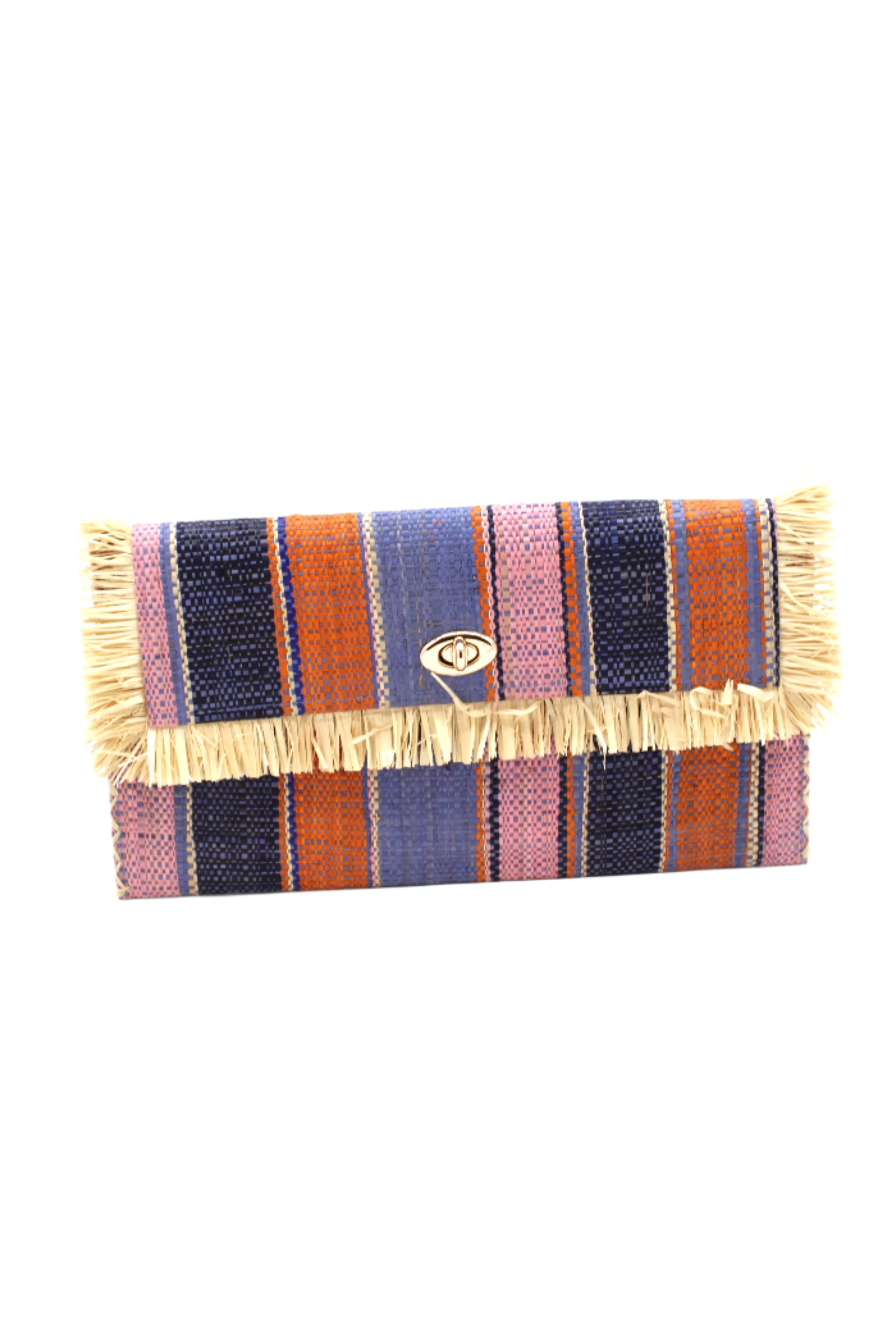 Sophie Retro Stripe Multicolor Stripes Straw Clutch handmade loomed raffia purse handbag in muti-width vertical bands of denim retro/light/blue, dusk navy/dark/blue, light pink, coral orange/red and natural straw color with matching cross stitch edging and natural straw color raw fringe edge envelope shaped bag - Shebobo
