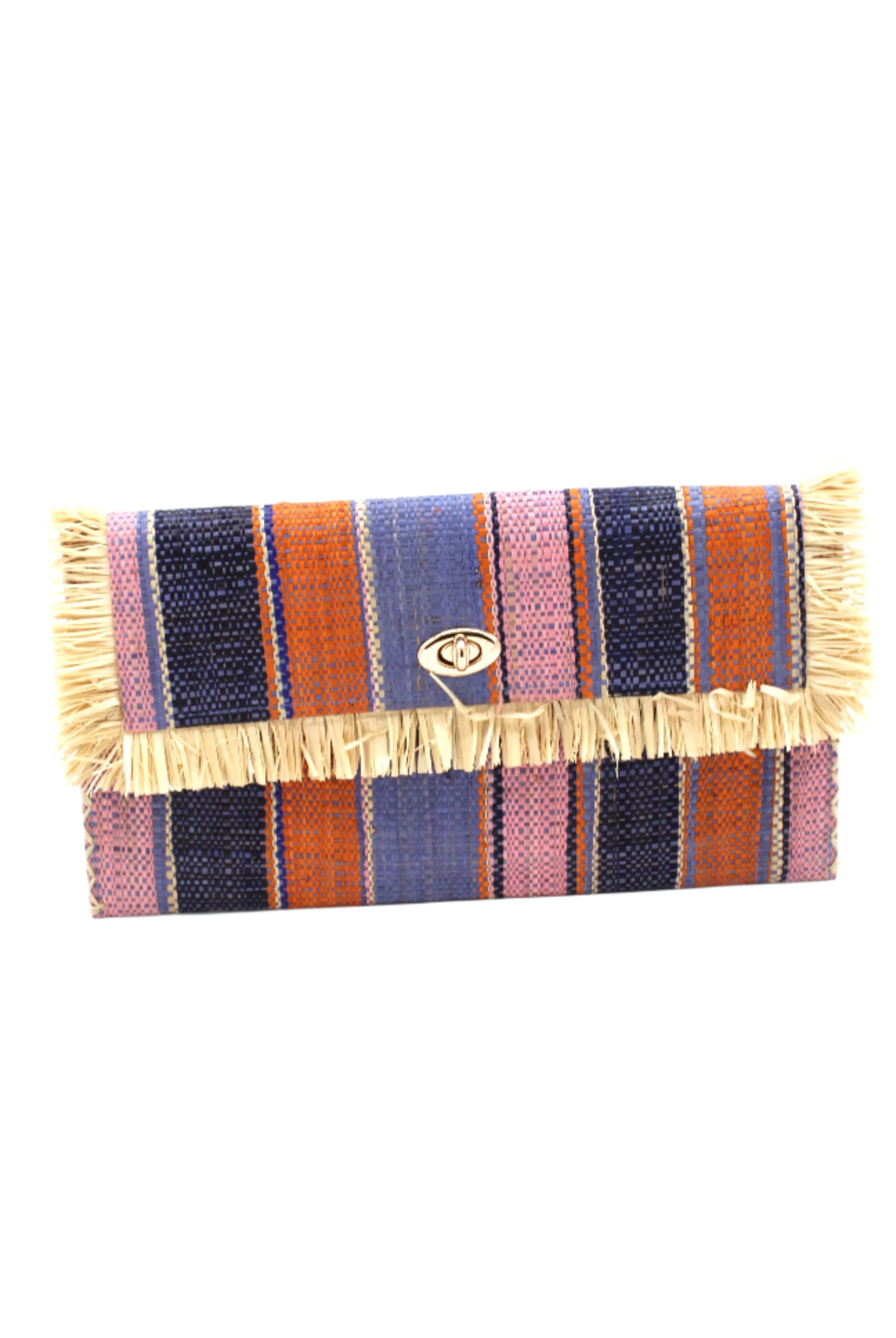 Sophie Retro Stripe Multicolor Stripes Straw Clutch handmade loomed raffia purse handbag in muti-width vertical bands of denim retro/light/blue, dusk navy/dark/blue, light pink, coral orange/red and natural straw color with matching cross stitch edging and natural straw color raw fringe edge envelope shaped bag - Shebobo