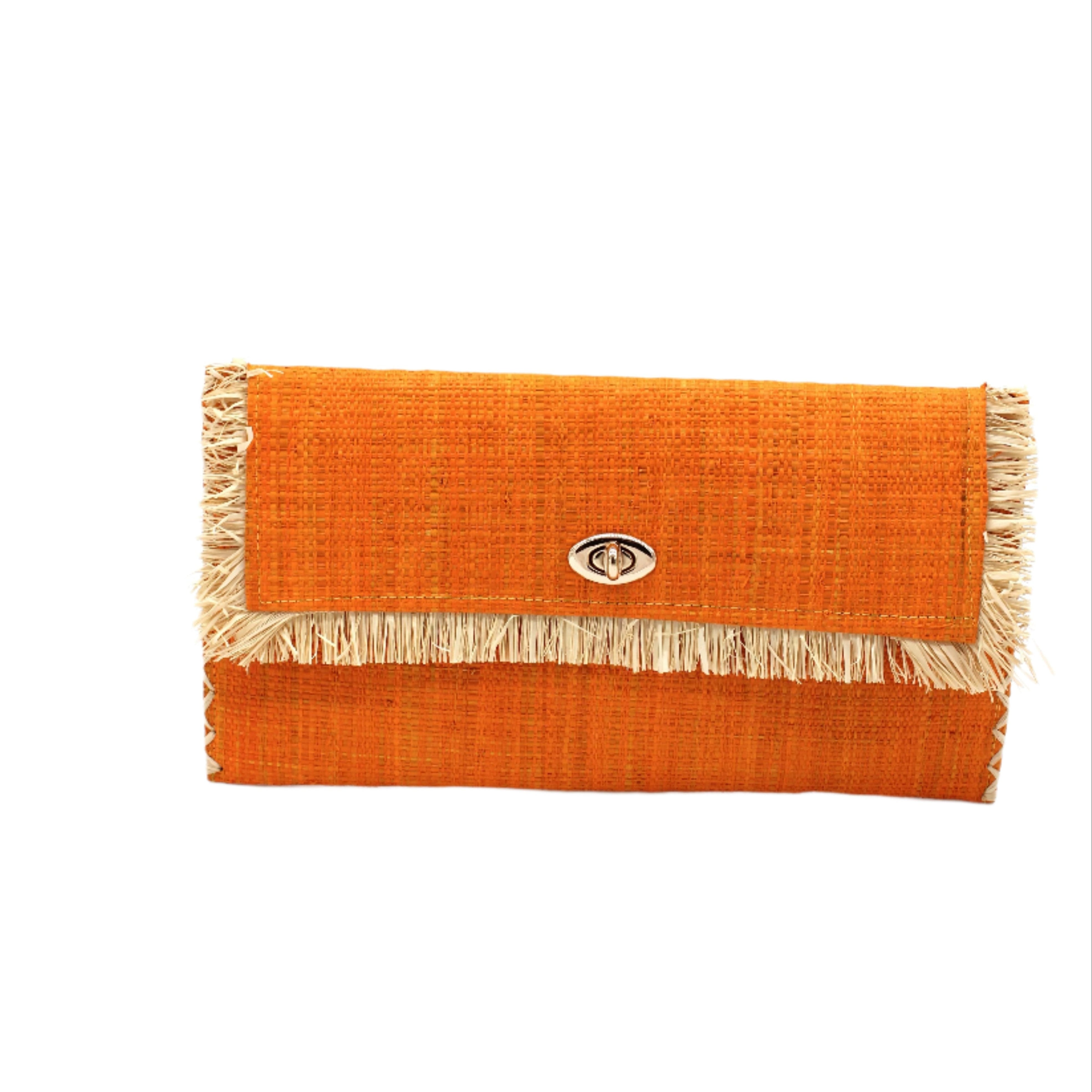 Sophie Saffron Straw Clutch with Raw Fringe Edge handmade loomed raffia palm fiber in a solid hue of saffron yellow/orange purse with natural straw color fringe trim edge and matching cross stitch binding handbag - Shebobo