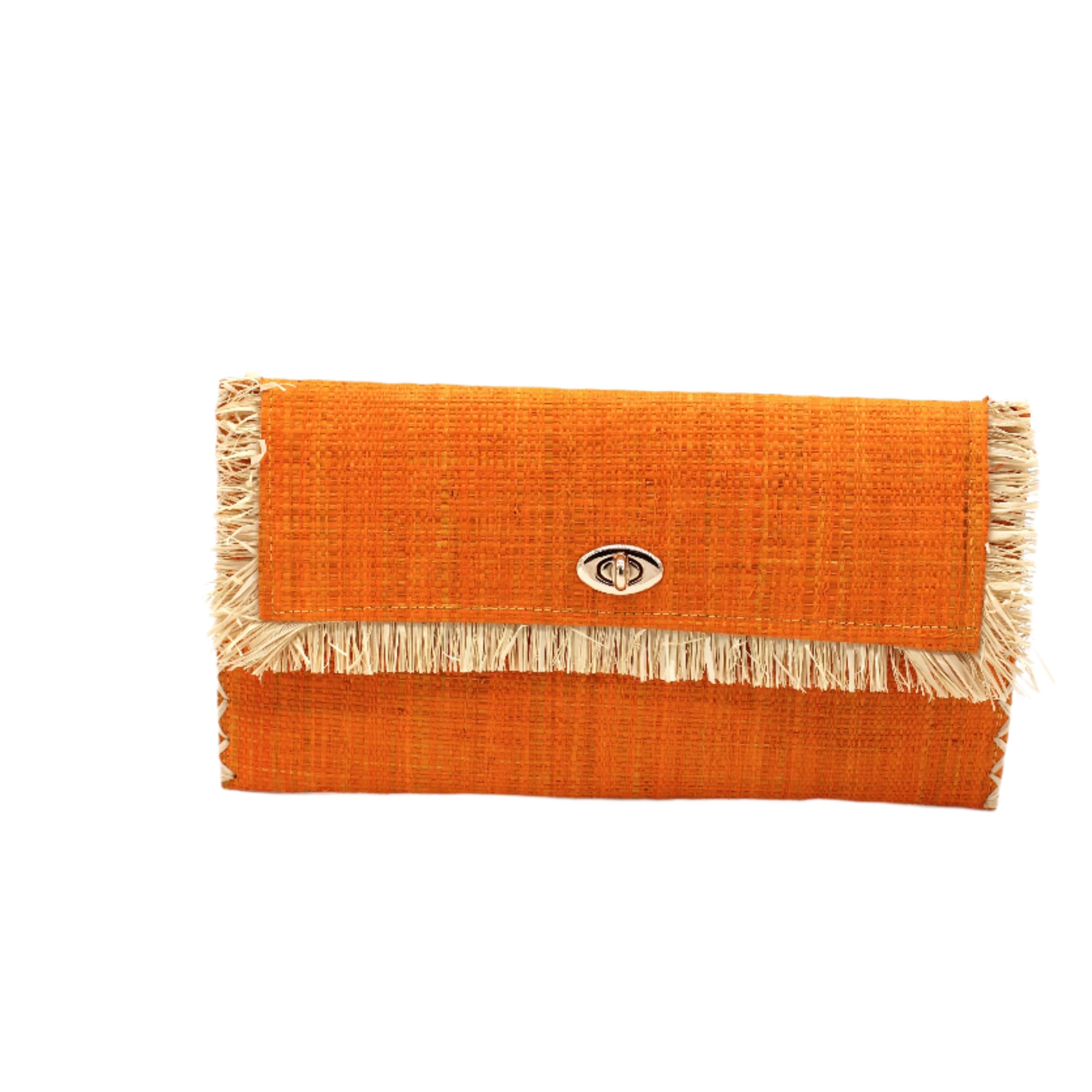 Sophie Saffron Straw Clutch with Raw Fringe Edge handmade loomed raffia palm fiber in a solid hue of saffron yellow/orange purse with natural straw color fringe trim edge and matching cross stitch binding handbag - Shebobo