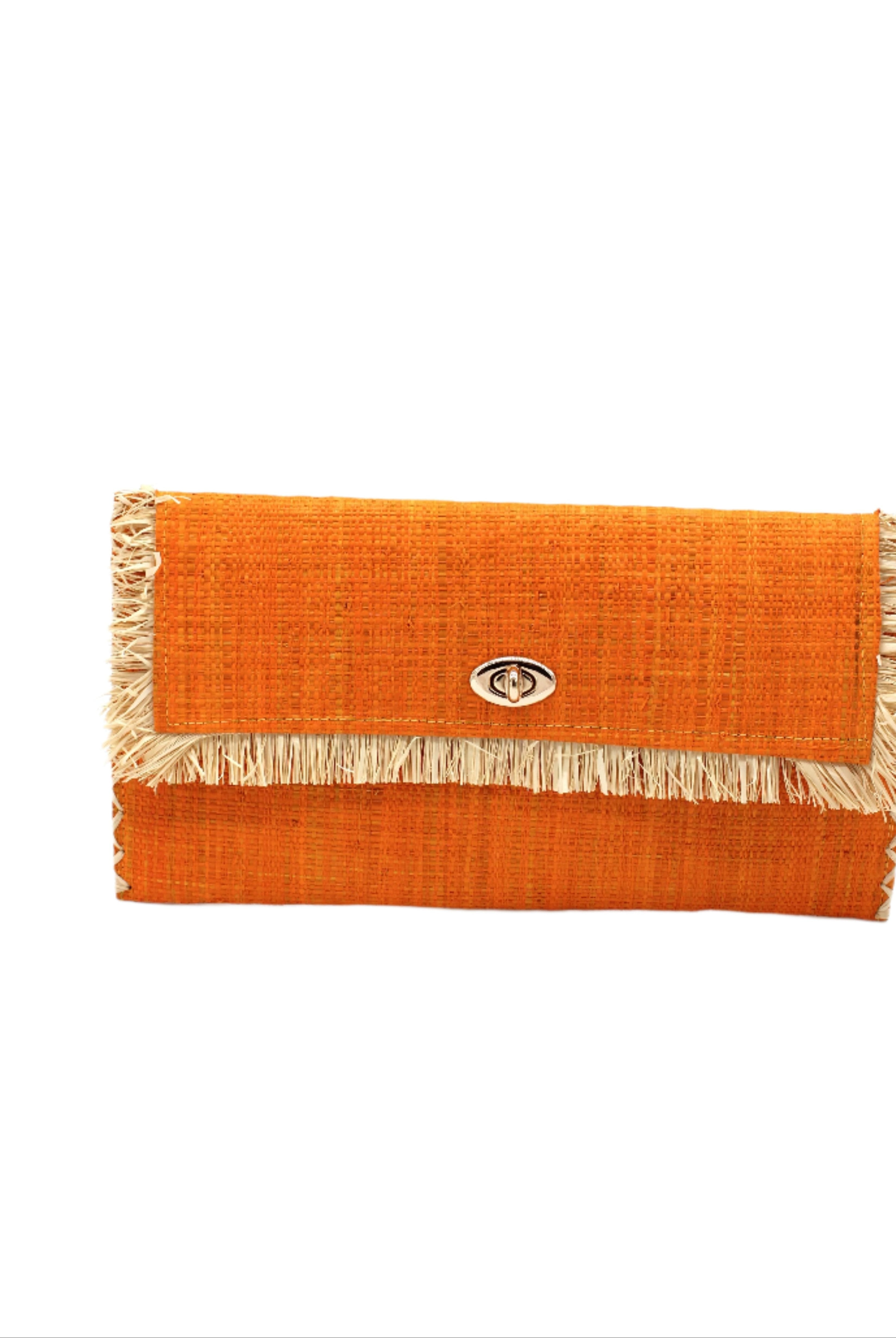 Sophie Saffron Straw Clutch with Raw Fringe Edge handmade loomed raffia palm fiber in a solid hue of saffron yellow/orange purse with natural straw color fringe trim edge and matching cross stitch binding handbag - Shebobo