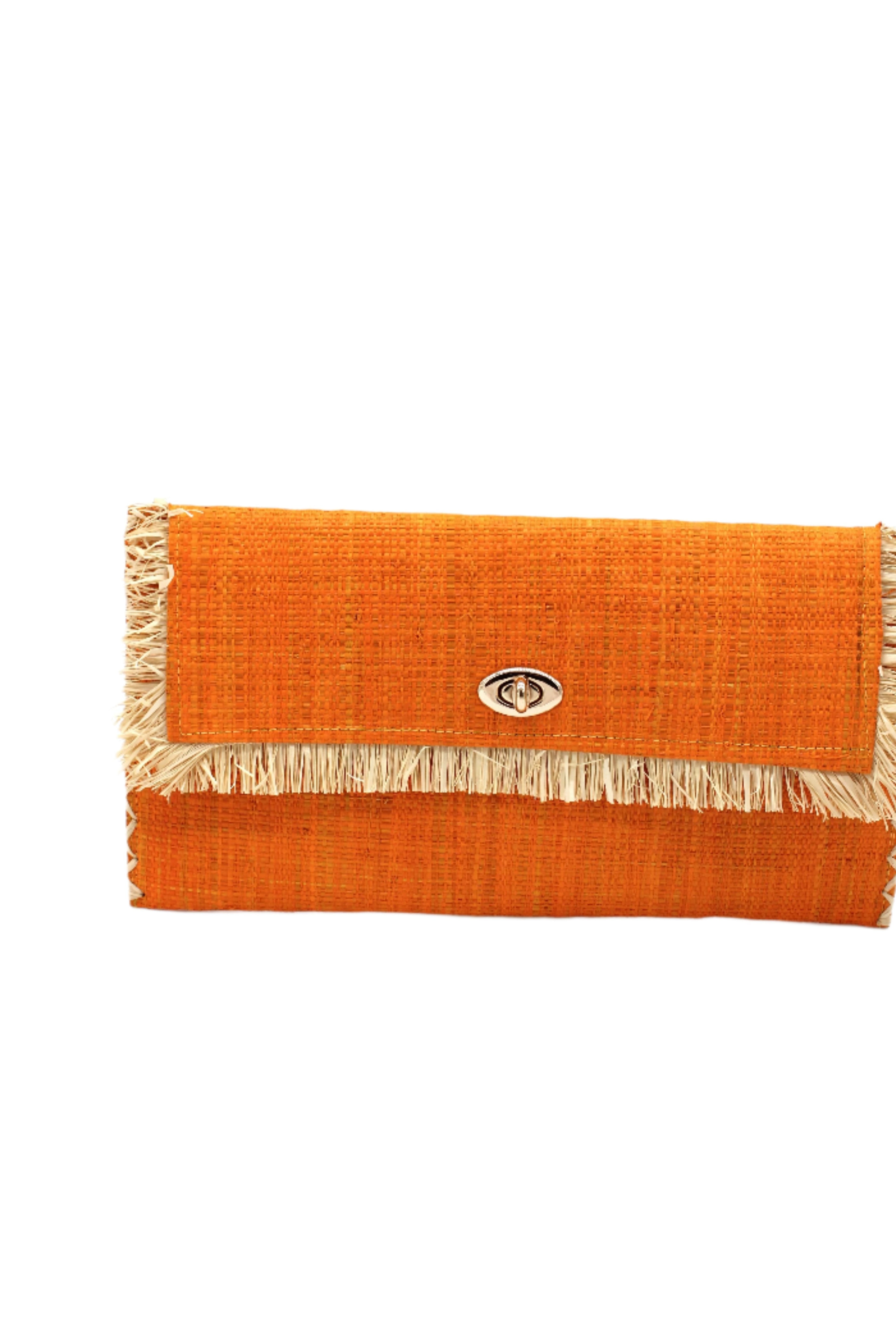 Sophie Saffron Straw Clutch with Raw Fringe Edge handmade loomed raffia palm fiber in a solid hue of saffron yellow/orange purse with natural straw color fringe trim edge and matching cross stitch binding handbag - Shebobo