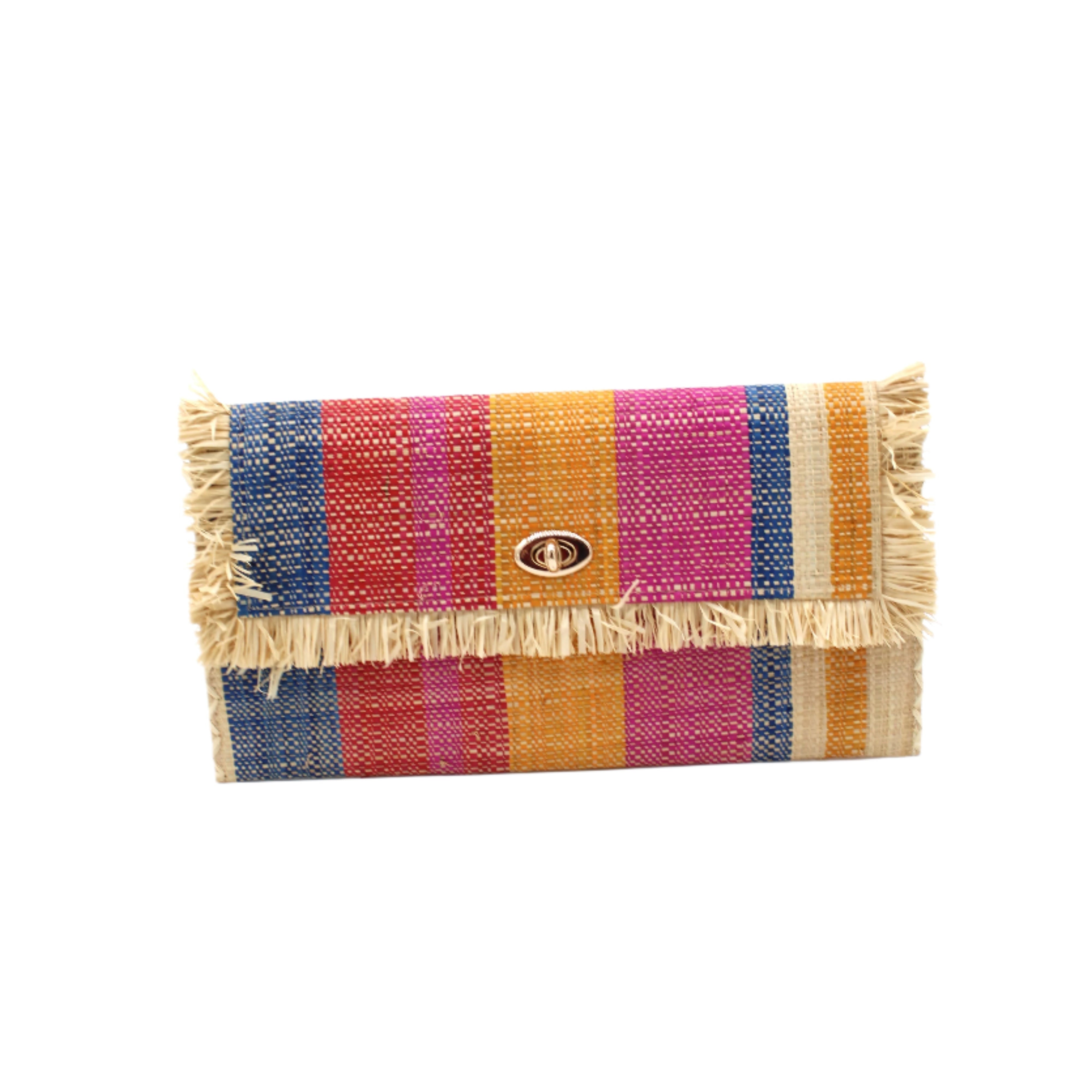 Sophie Sassafras Swirl Multicolor Stripes Straw Clutch handmade loomed raffia purse handbag in muti-width vertical bands of dark blue, fuchsia pink, red, saffron yellow, and natural straw color with matching cross stitch edging and natural straw color raw fringe edge envelope shaped bag - Shebobo