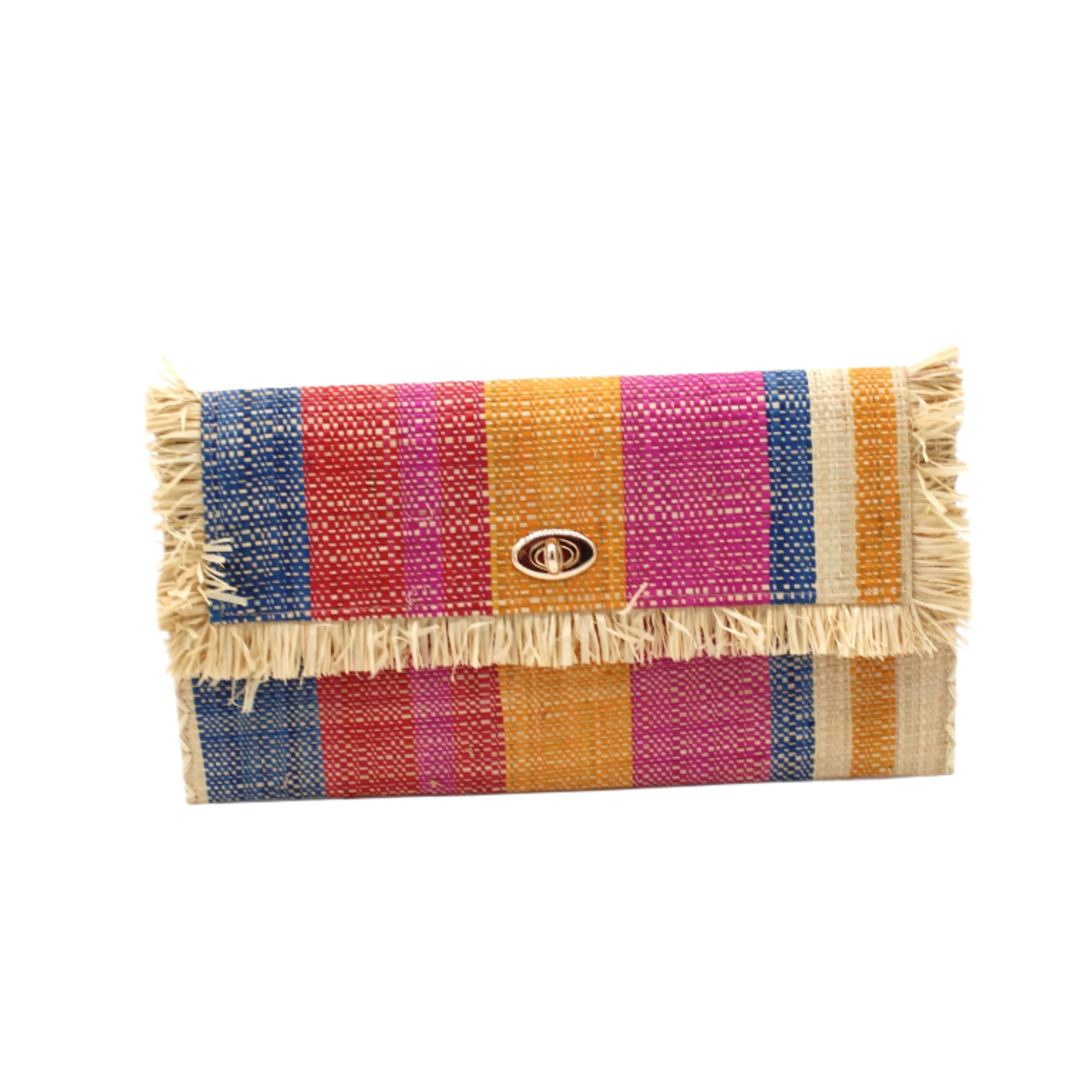 Sophie Sassafras Swirl Multicolor Stripes Straw Clutch handmade loomed raffia purse handbag in muti-width vertical bands of dark blue, fuchsia pink, red, saffron yellow, and natural straw color with matching cross stitch edging and natural straw color raw fringe edge envelope shaped bag - Shebobo