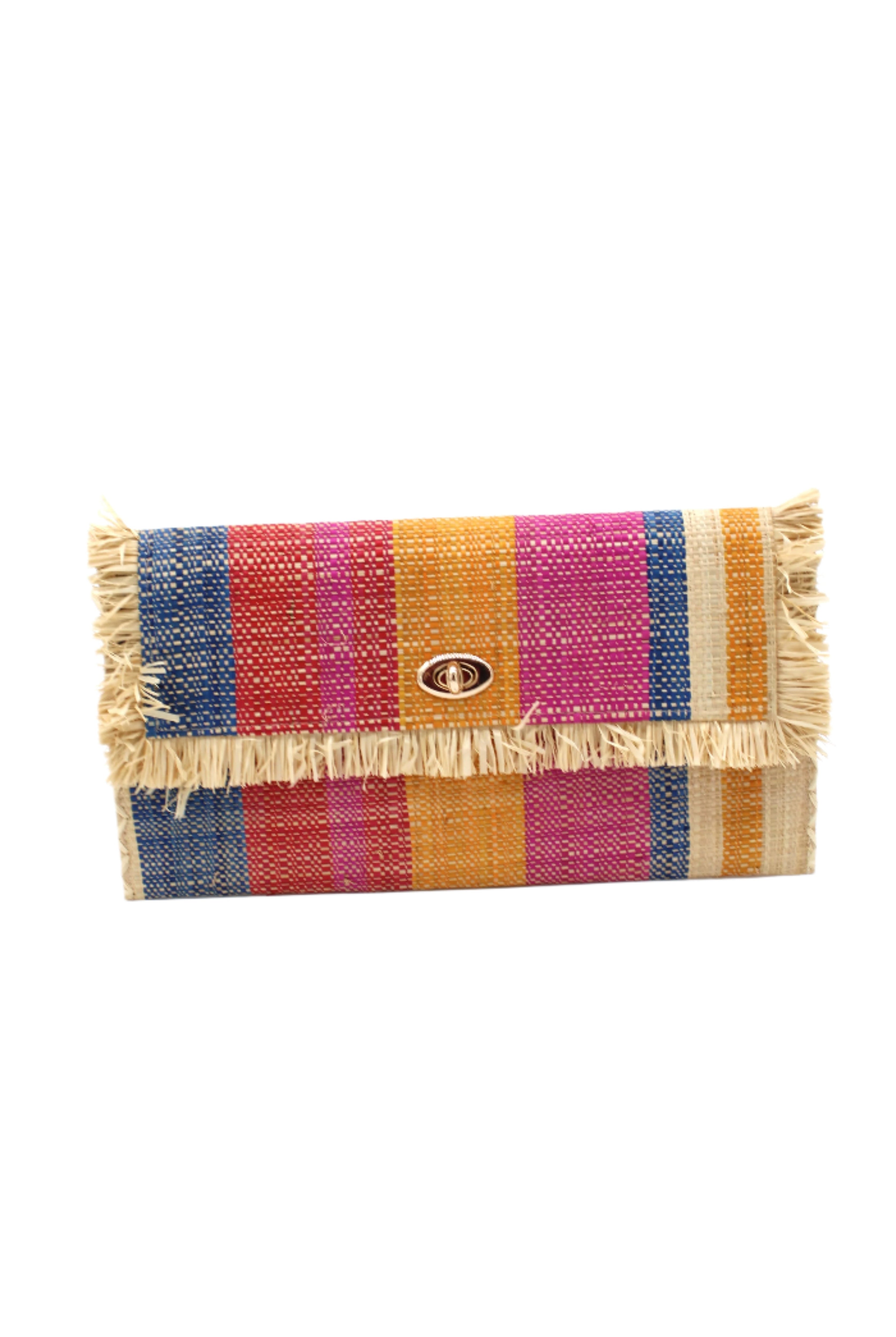 Sophie Sassafras Swirl Multicolor Stripes Straw Clutch handmade loomed raffia purse handbag in muti-width vertical bands of dark blue, fuchsia pink, red, saffron yellow, and natural straw color with matching cross stitch edging and natural straw color raw fringe edge envelope shaped bag - Shebobo