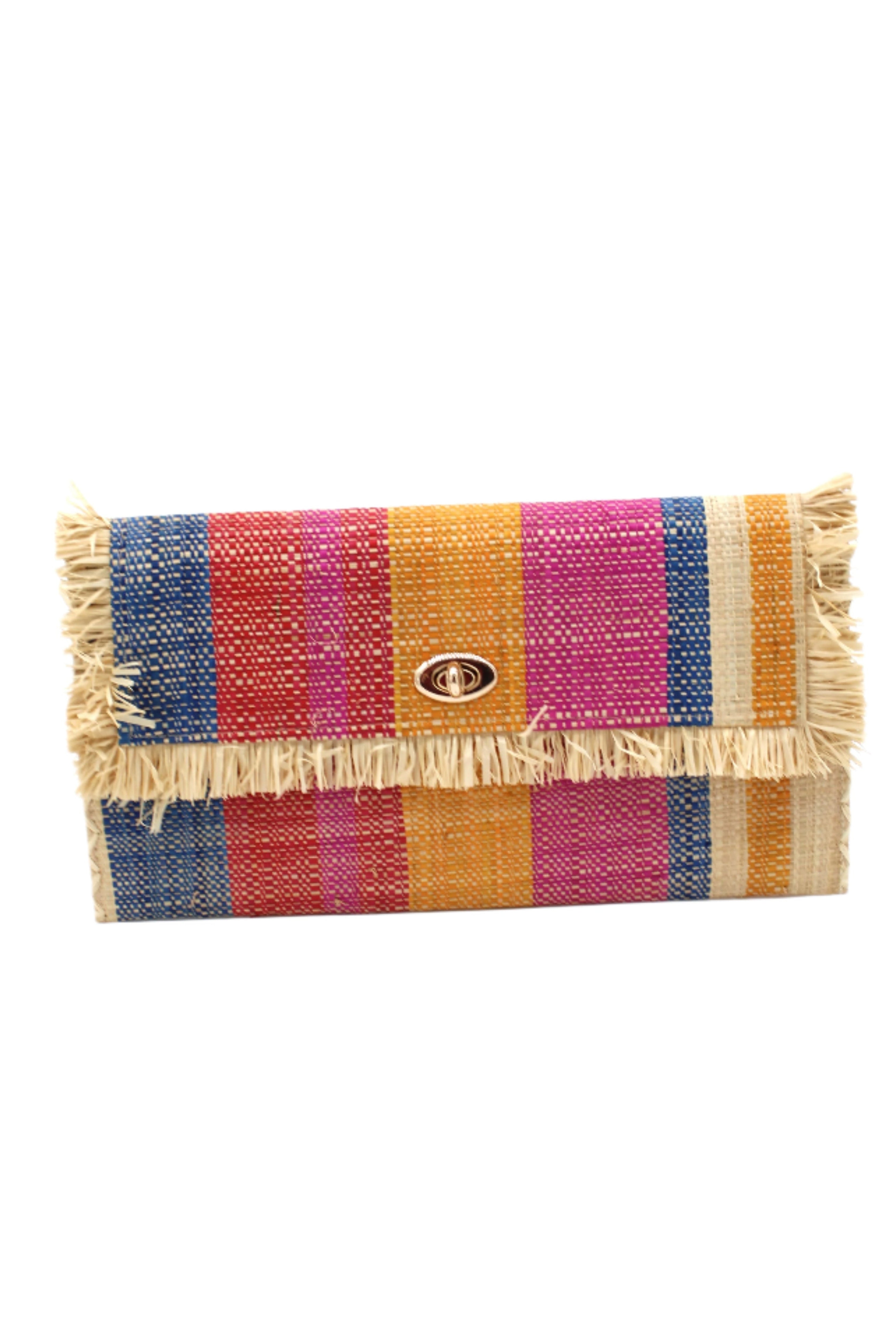 Sophie Sassafras Swirl Multicolor Stripes Straw Clutch handmade loomed raffia purse handbag in muti-width vertical bands of dark blue, fuchsia pink, red, saffron yellow, and natural straw color with matching cross stitch edging and natural straw color raw fringe edge envelope shaped bag - Shebobo