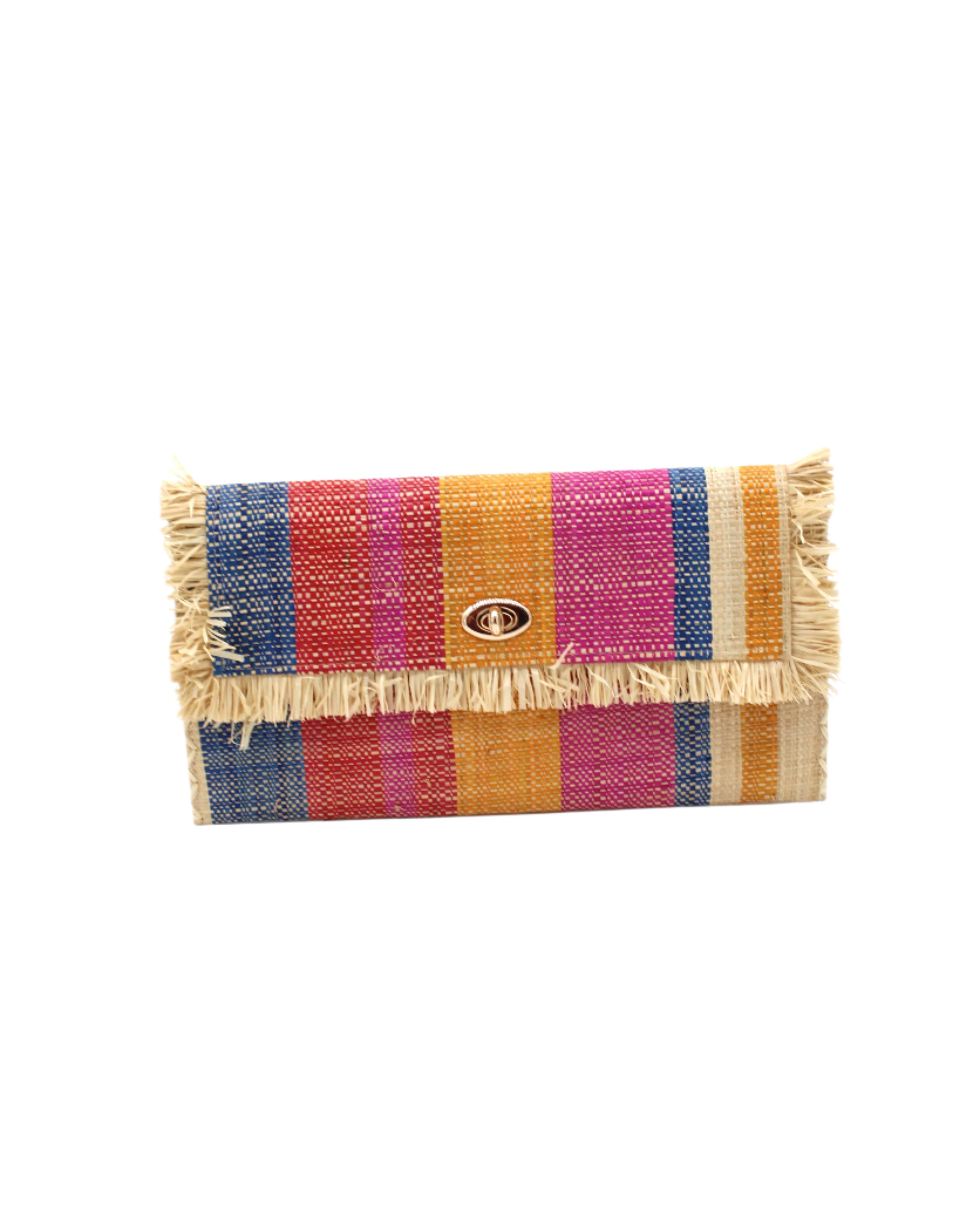 Sophie Sassafras Swirl Multicolor Stripes Straw Clutch handmade loomed raffia purse handbag in muti-width vertical bands of dark blue, fuchsia pink, red, saffron yellow, and natural straw color with matching cross stitch edging and natural straw color raw fringe edge envelope shaped bag - Shebobo