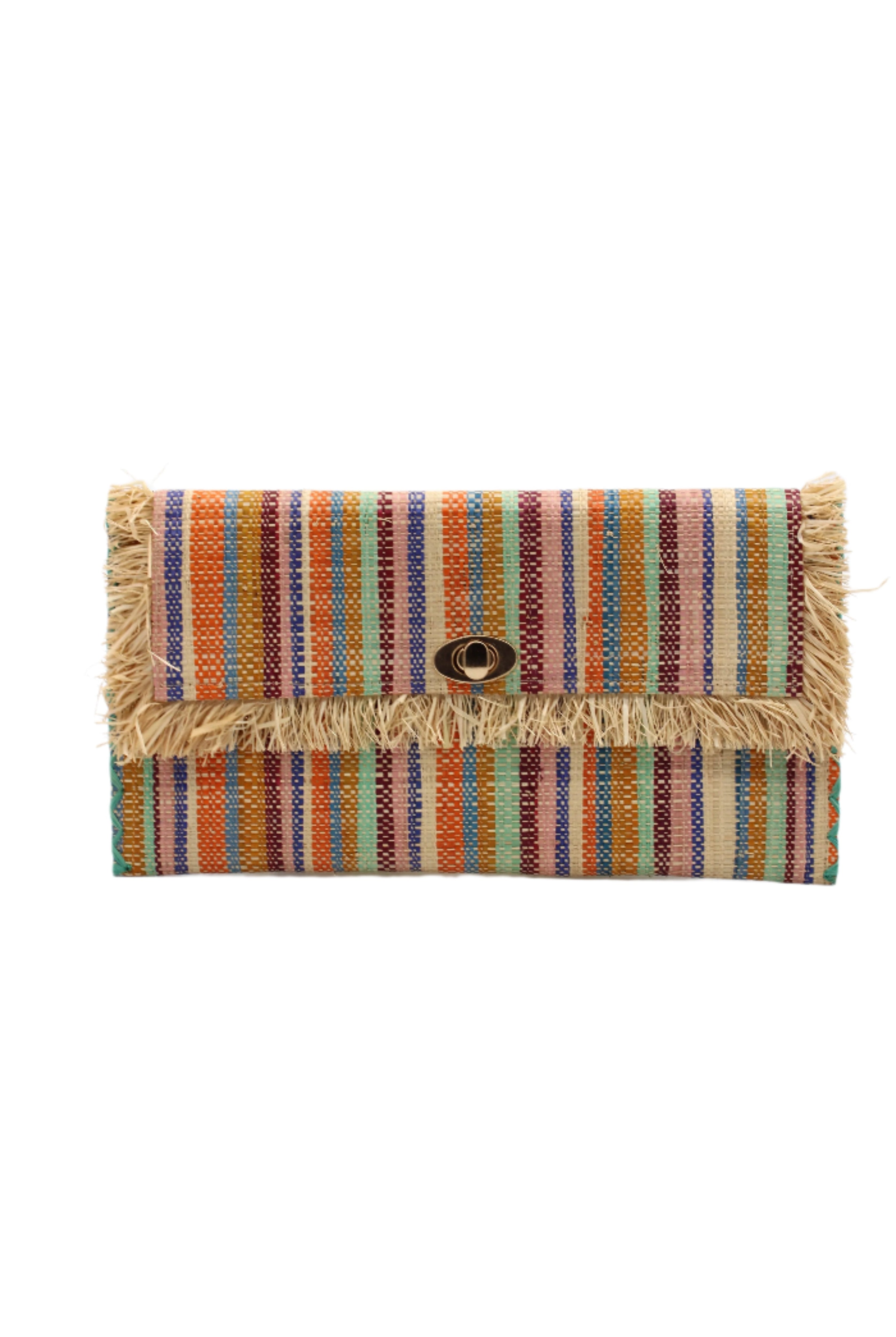 Sophie Taffy Stripe Multicolor Stripes Straw Clutch handmade loomed raffia purse handbag in muti-width vertical bands of pink, bordeaux dark red, seafoam blue/green, orange, saffron yellow, blue, turquoise, and natural straw color with matching cross stitch edging and natural straw color raw fringe edge envelope shaped bag - Shebobo